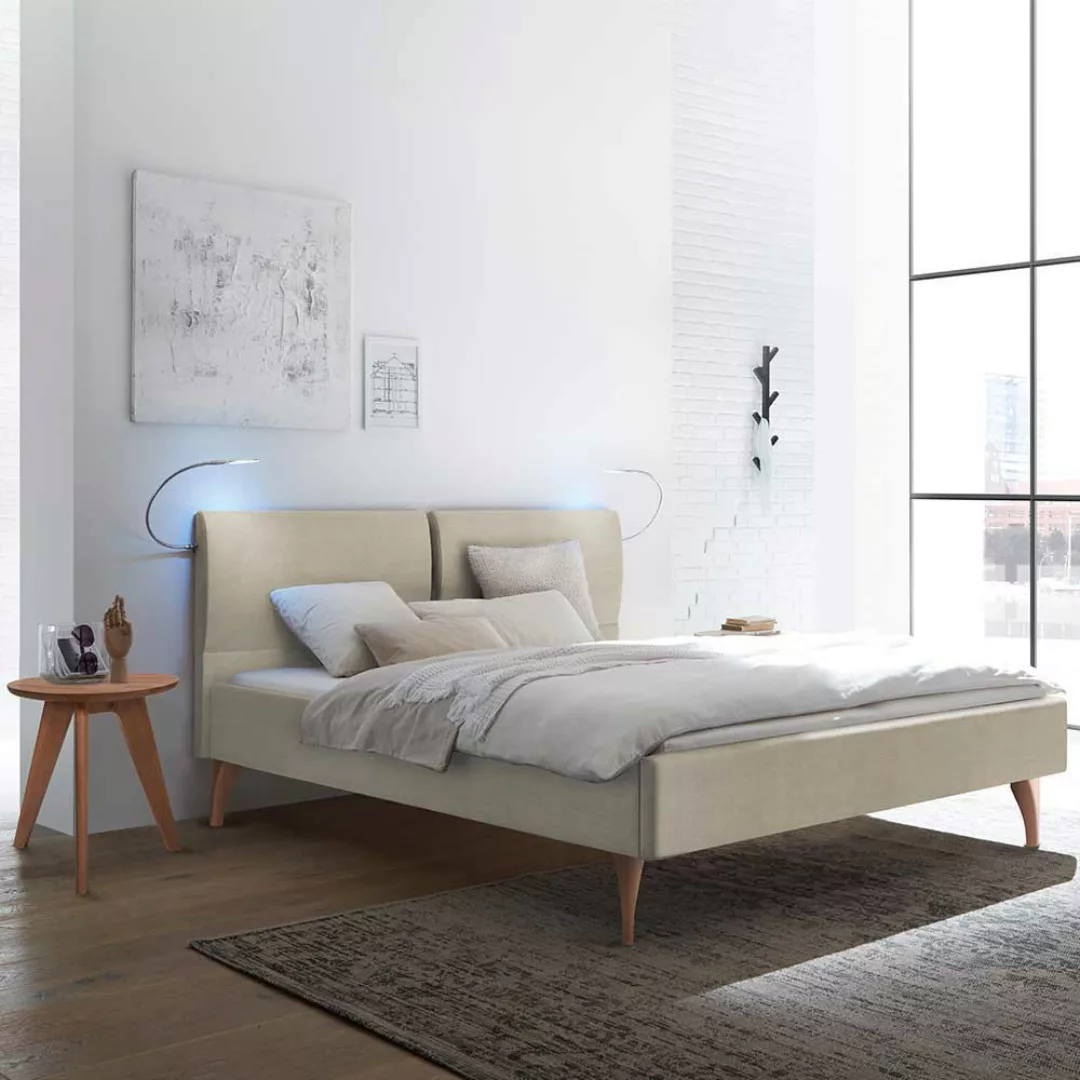 Doppel Bett Stoff Beige im Skandi Design Vierfußgestell aus Holz günstig online kaufen