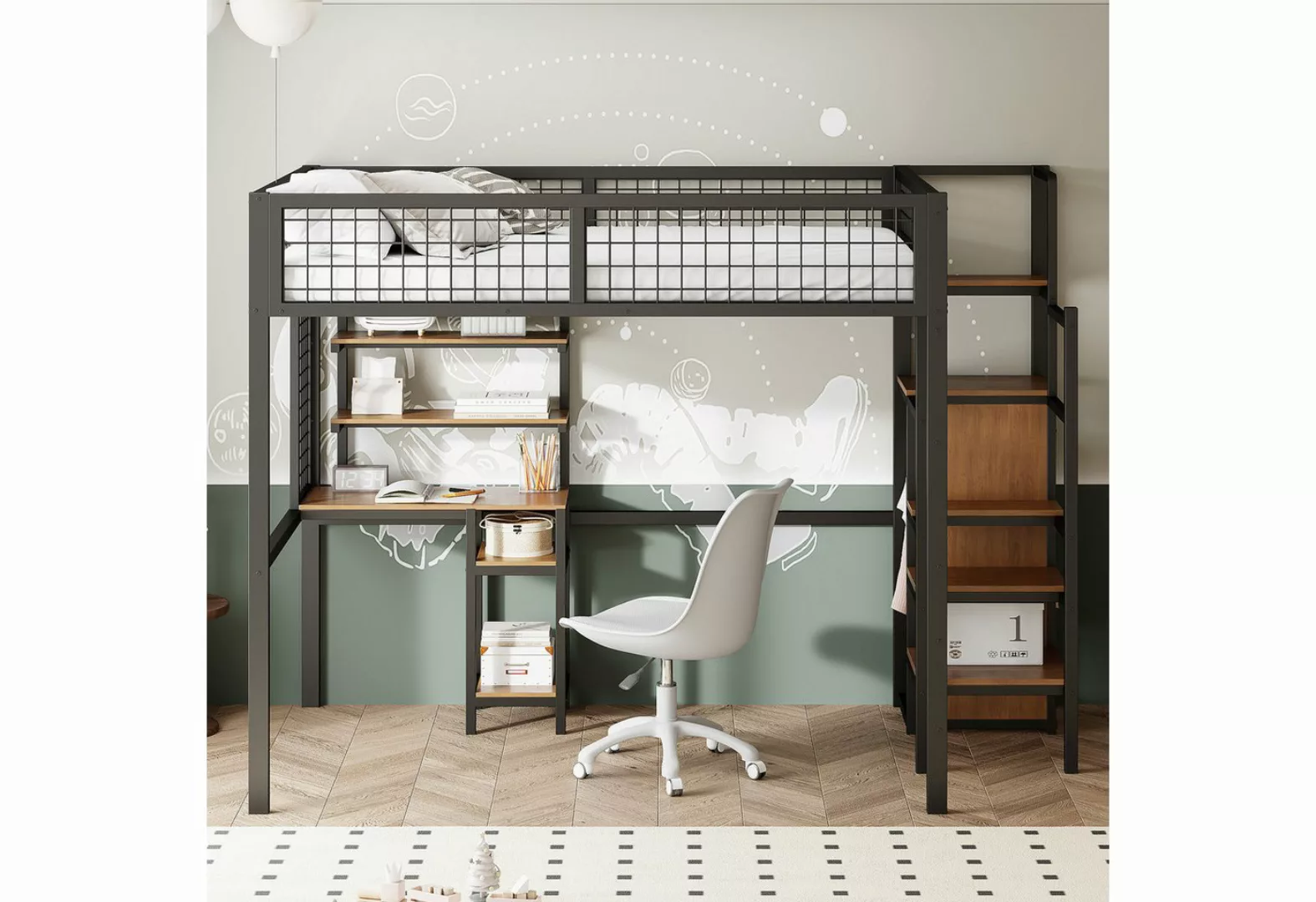 Odikalo Kinderbett Hochbett 90/140x200 Leiter Eisenrahmen Kleiderschrank Co günstig online kaufen