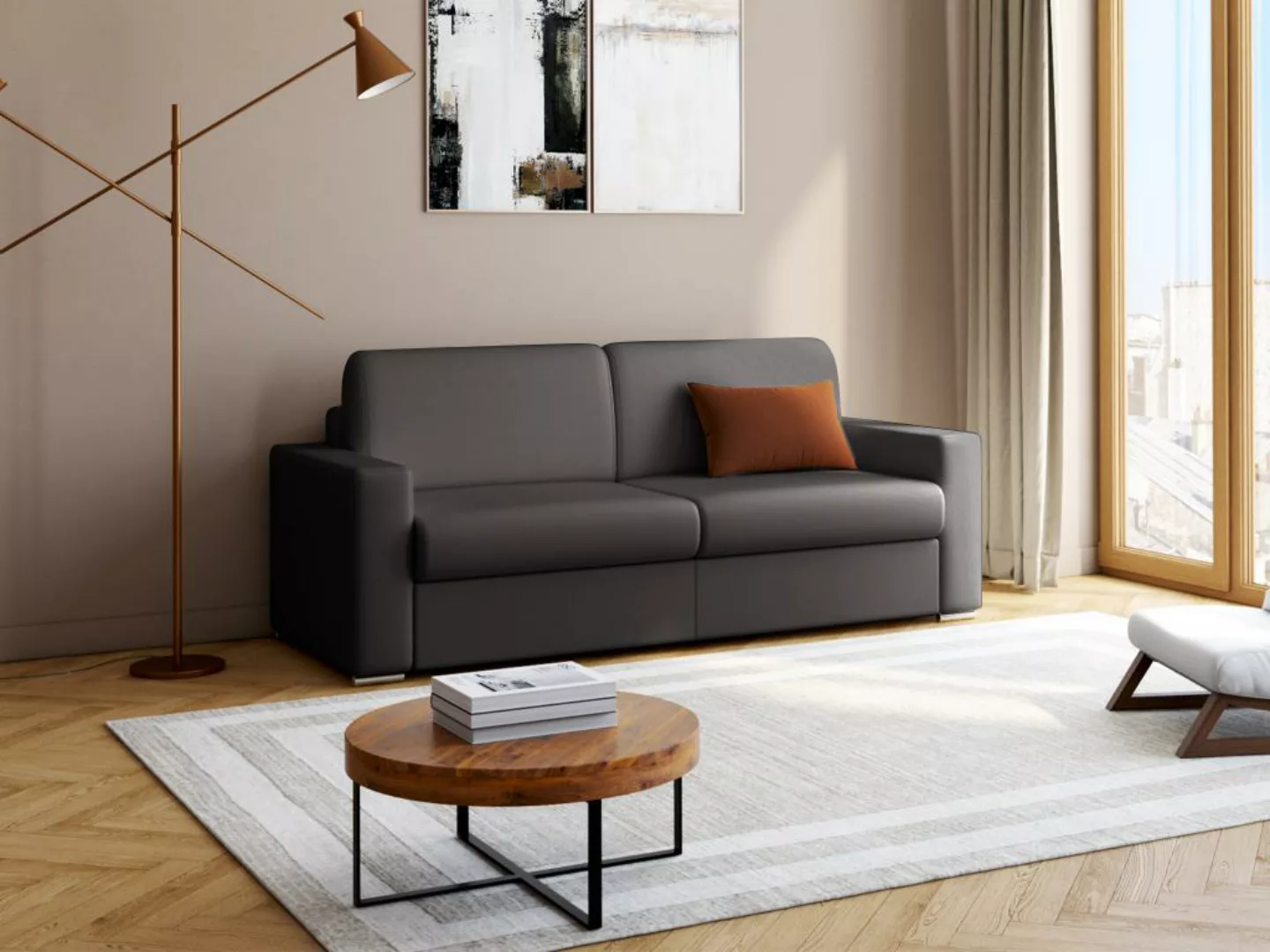 Schlafsofa mit Matratze 4-Sitzer Kunstleder - Schwarz - Liegfläche mit Latt günstig online kaufen