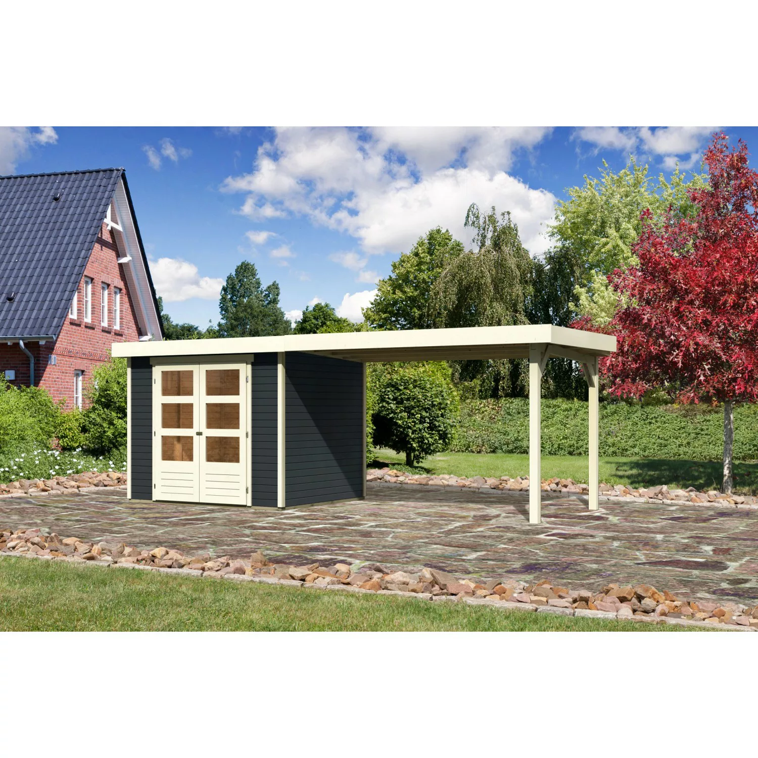 Karibu Gartenhaus Boras 3 Anthrazit 497 cm x 217 cm mit Anbaudach günstig online kaufen