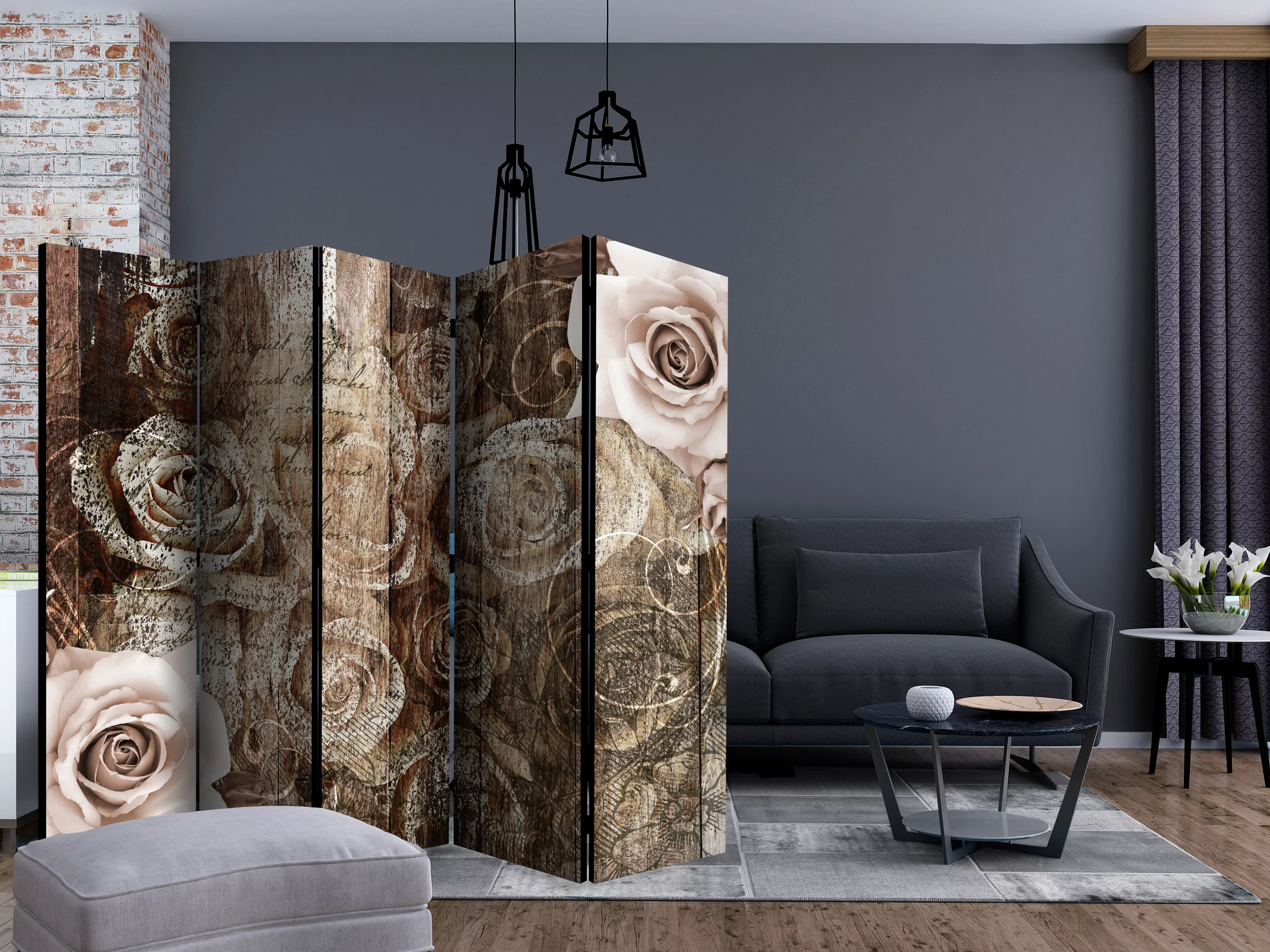 5-teiliges Paravent - Old Wood & Roses Ii [room Dividers] günstig online kaufen