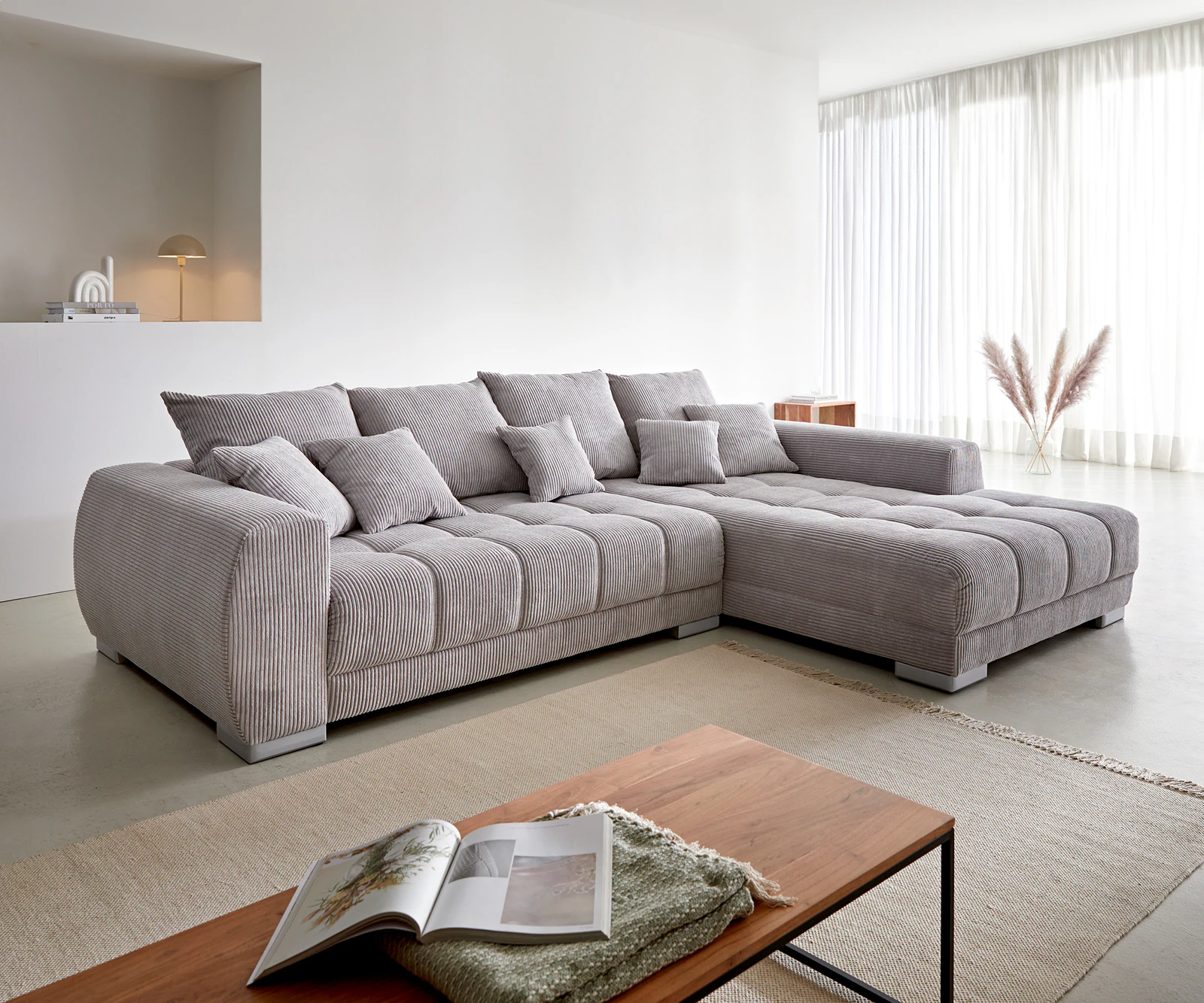 Ecksofa Josea 300x220 cm Cord Silbergrau Ottomane rechts günstig online kaufen