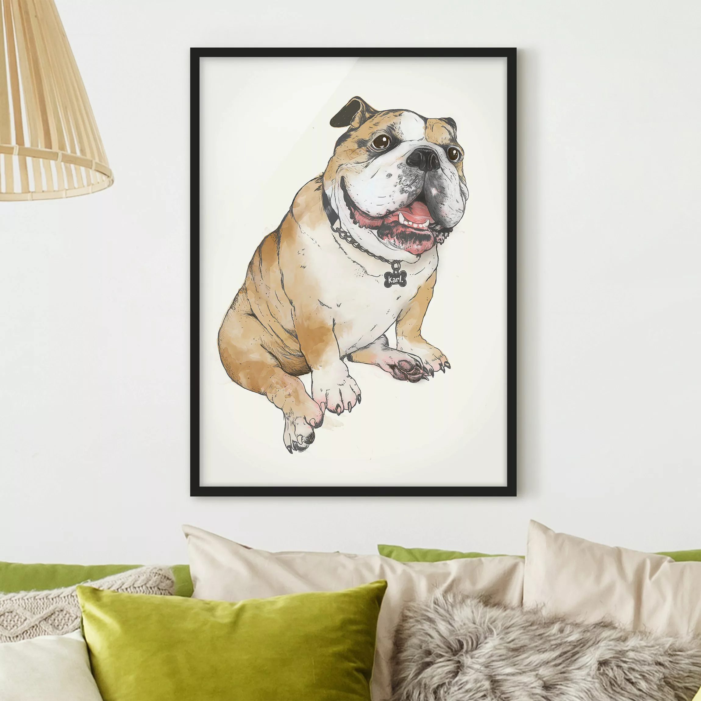 Bild mit Rahmen Tiere - Hochformat Illustration Hund Bulldogge Malerei günstig online kaufen