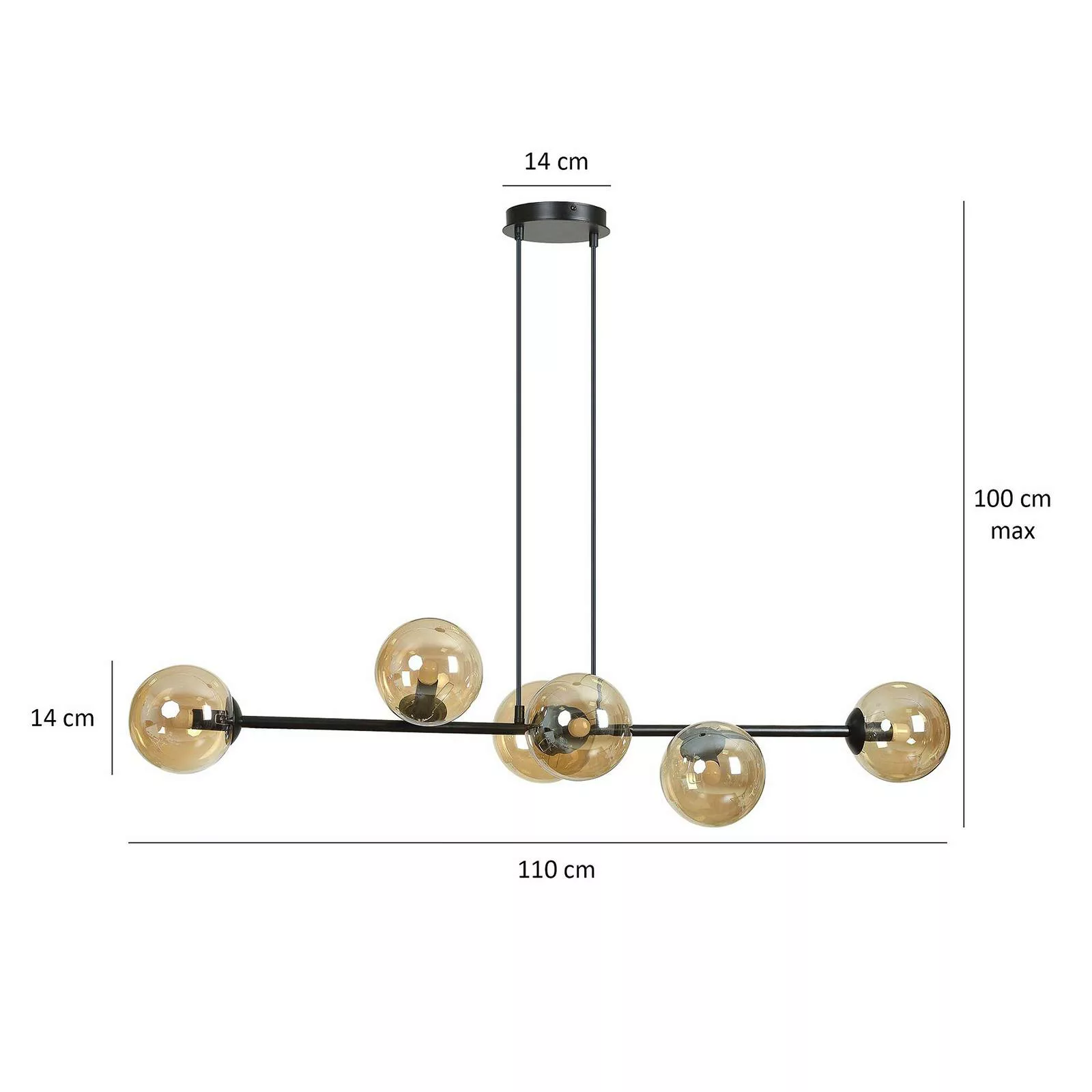 Hängeleuchte Glassy, 6-flammig, schwarz, amber, Glas, 110 cm günstig online kaufen