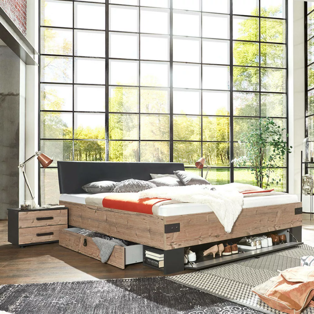 Schlafzimmer Set mit 180x200cm Bettgestell graphit mit Fichte SUNDERLAND-43 günstig online kaufen