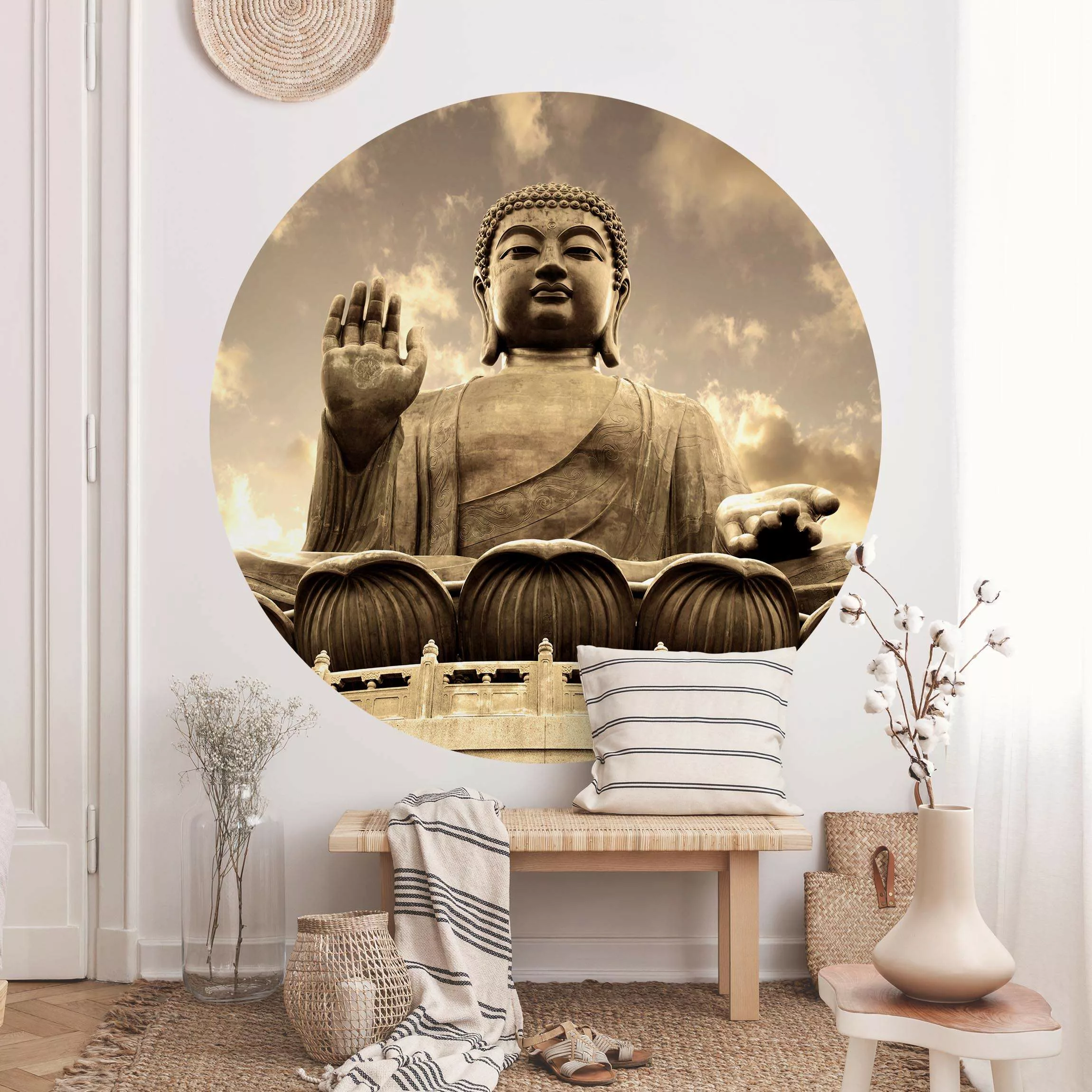 Runde Fototapete selbstklebend Großer Buddha Sepia günstig online kaufen