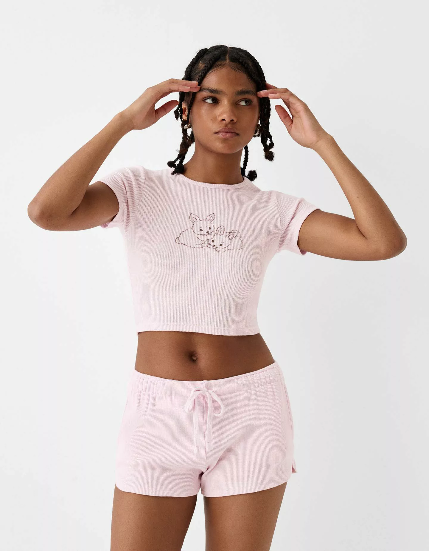 Bershka T-Shirt Aus Waffelgewebe Mit Kurzen Ärmeln Damen M Rosa günstig online kaufen