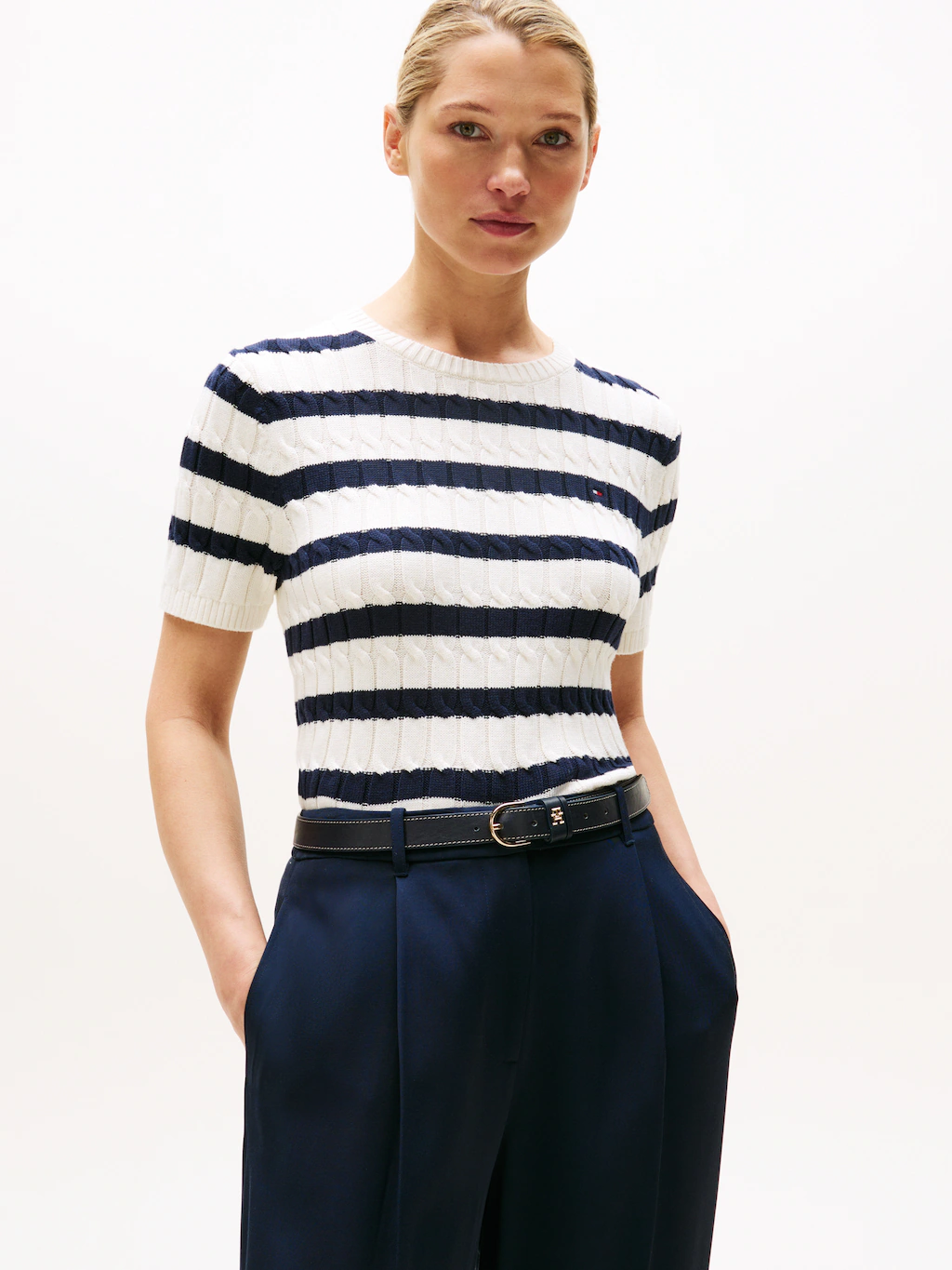 Tommy Hilfiger Kurzarmpullover "CO CABLE MID GG S/S C-NK SWT", mit Zopfmust günstig online kaufen