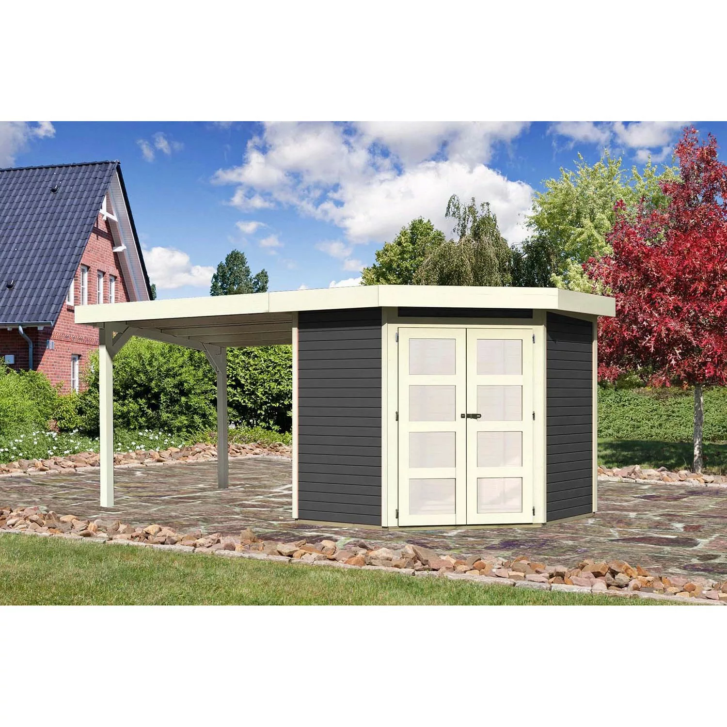 Karibu Holz-Gartenhaus Vilsbiburg Terragrau Flachdach Lackiert 209 cm x 213 günstig online kaufen