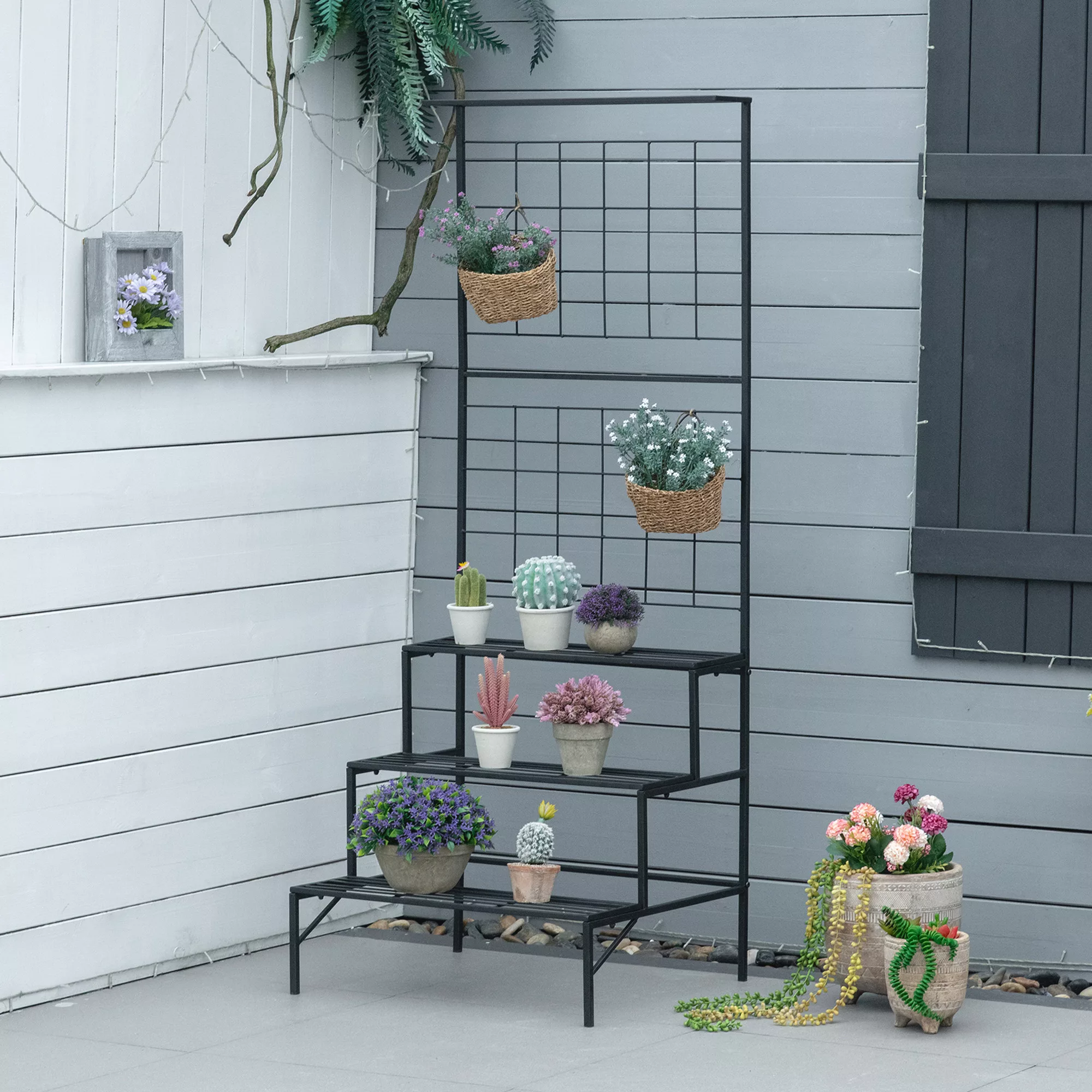Outsunny Blumentreppe Metall 3 Stufen  Pflanzenständer für Innen & Außen, L günstig online kaufen