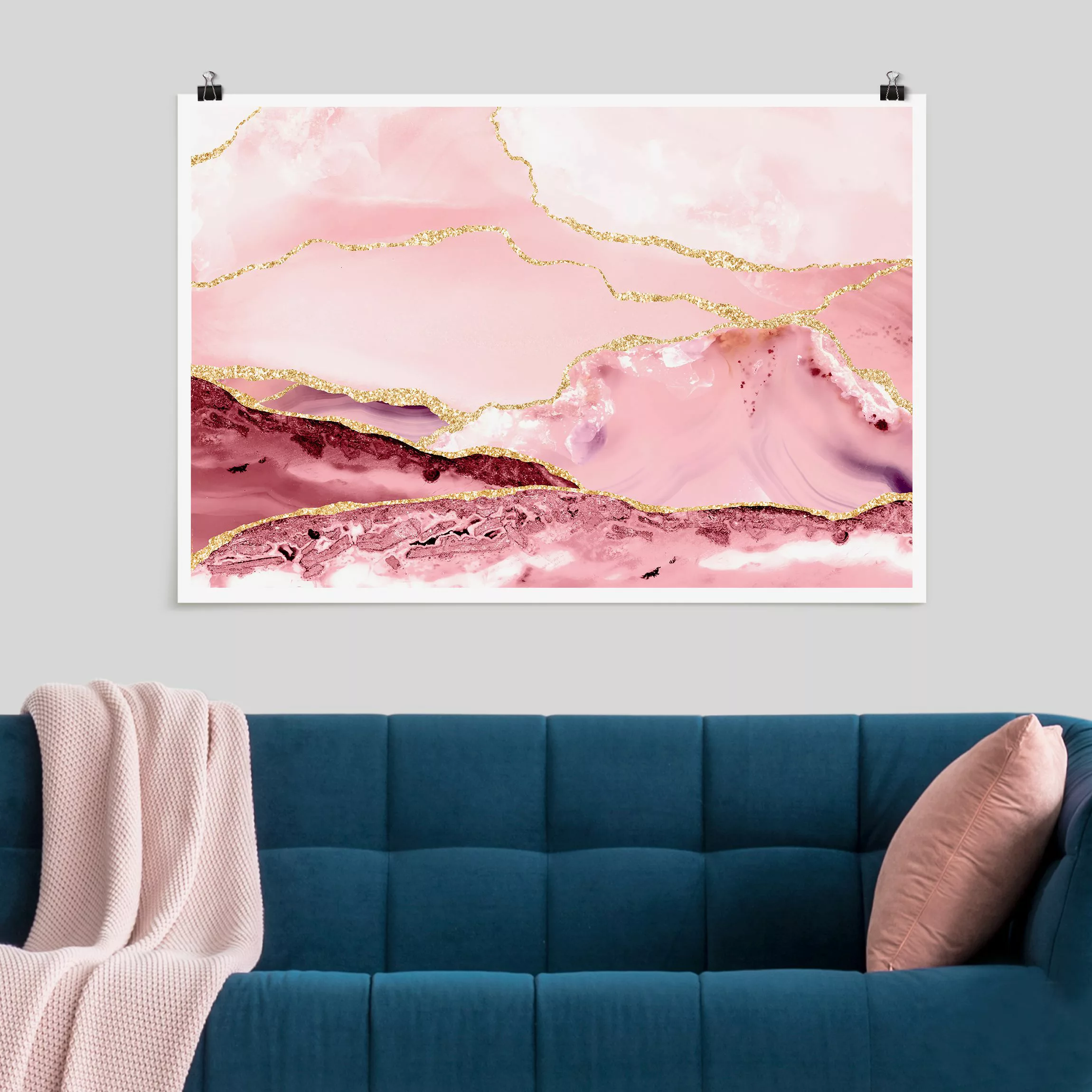 Poster Abstrakte Berge Rosa mit Goldene Linien günstig online kaufen