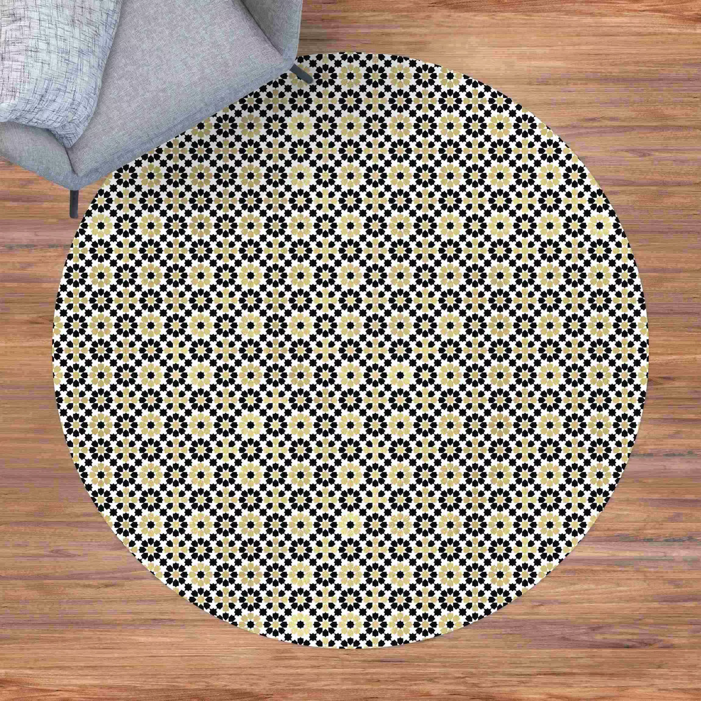 Runder Vinyl-Teppich Orientalisches Muster mit goldenen Blüten günstig online kaufen