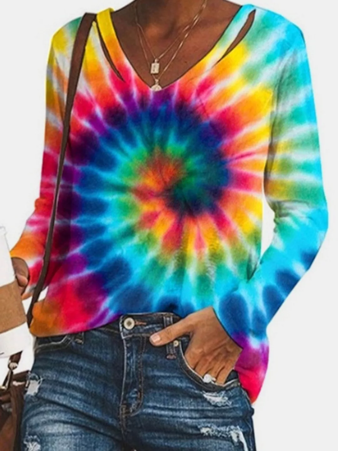 Tie-Dye-Langarm-T-Shirt mit V-Ausschnitt günstig online kaufen