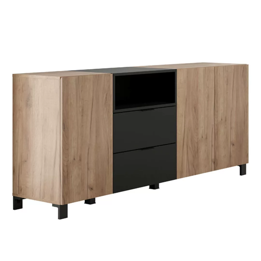 Sideboard 185,2 cm, 3 Türen, 2 Schubladen, Eiche, schwarz matt KEMBA-19 günstig online kaufen