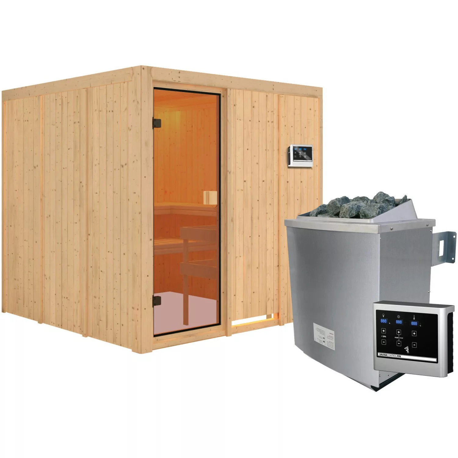 Karibu Sauna Oulu inkl. 9 kW Ofen mit ext. Strg., Glastür Bronziert günstig online kaufen