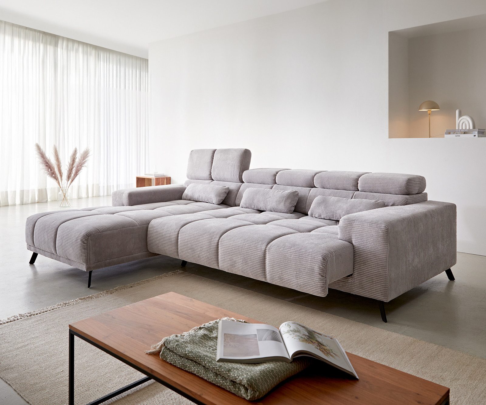 DELIFE Ecksofa Ordino, Cord Silbergrau 285x200 günstig online kaufen