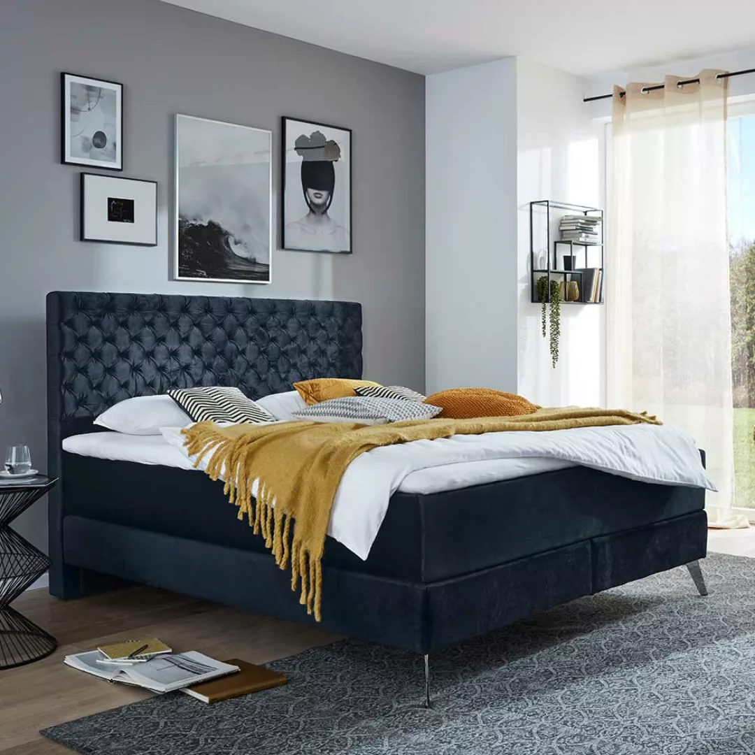 Boxspringbett in Dunkelblau Samt Chesterfield Look günstig online kaufen