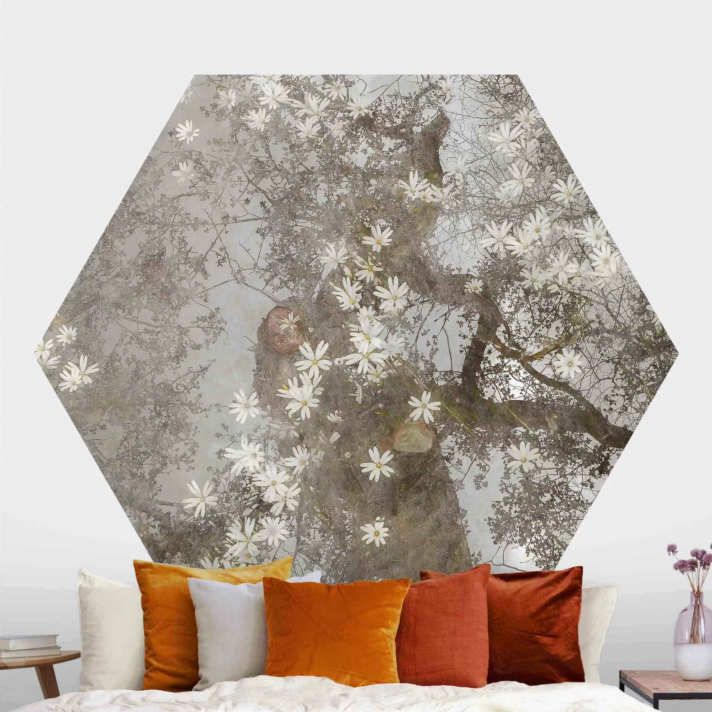 Hexagon Mustertapete selbstklebend Abstrakter Baum mit Blüten günstig online kaufen