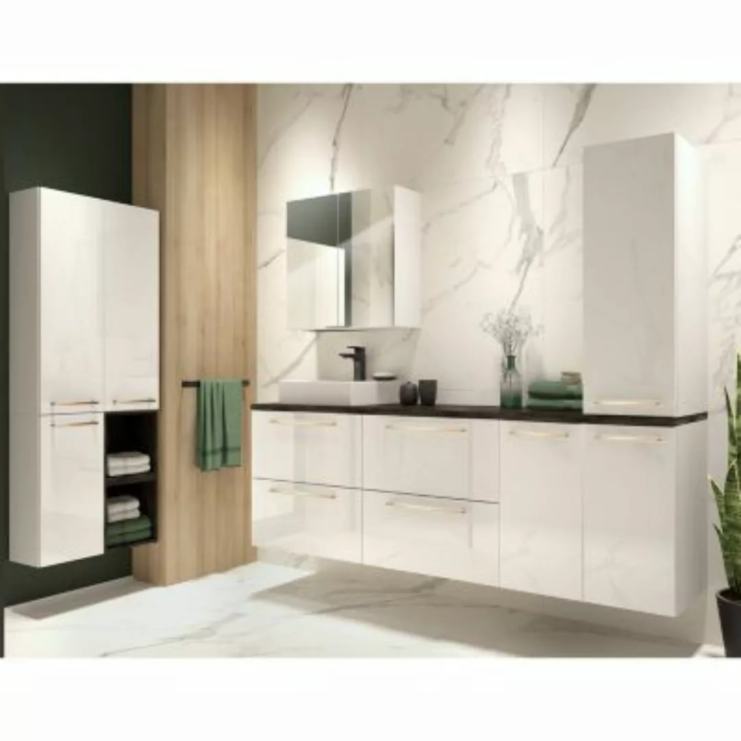 Lomadox Badezimmer Set in weiß Hochglanz lackiert mit Beton Dunkel und Meta günstig online kaufen