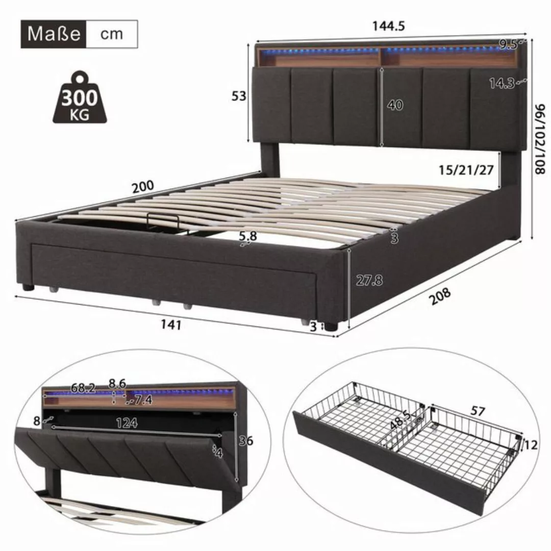 Celya Polsterbett 140x200cm mit LED-Beleuchtung, Hydraulisch Stauraumbett m günstig online kaufen