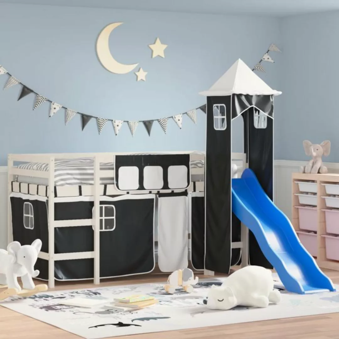 vidaXL Kinderbett Kinderhochbett mit Turm Weiß Schwarz 90x200 cm Kiefernhol günstig online kaufen