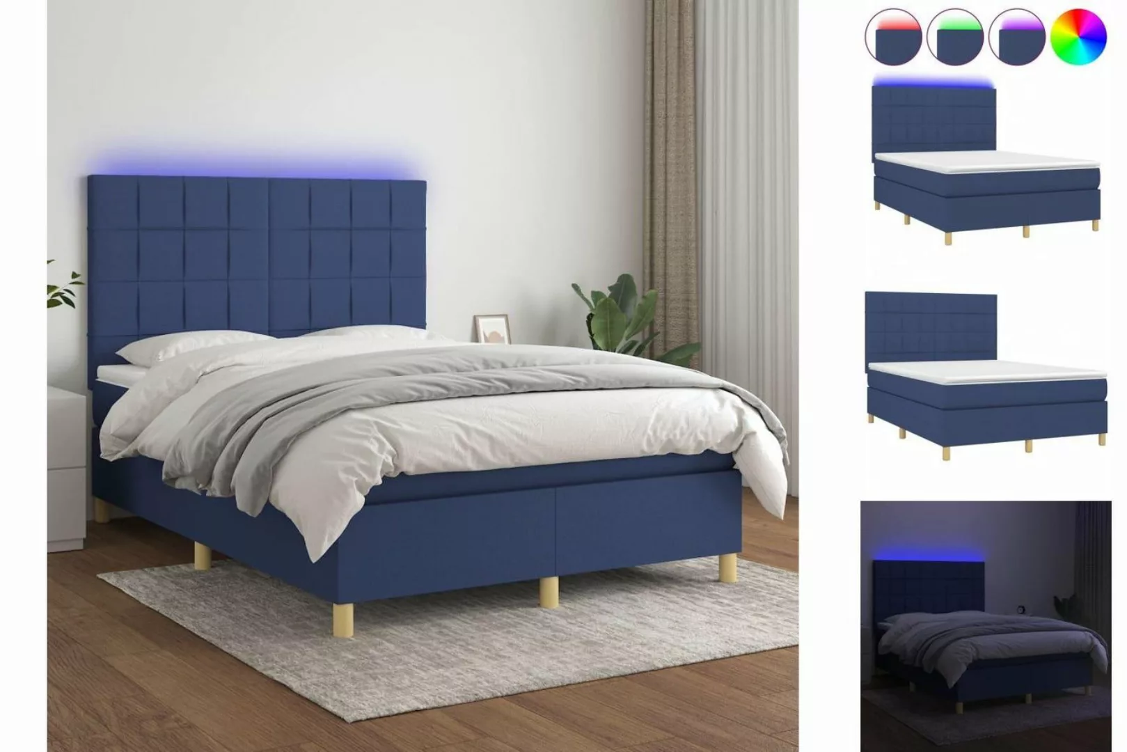 vidaXL Boxspringbett (140 x 200 cm, Quadrate, Blau), mit LED günstig online kaufen