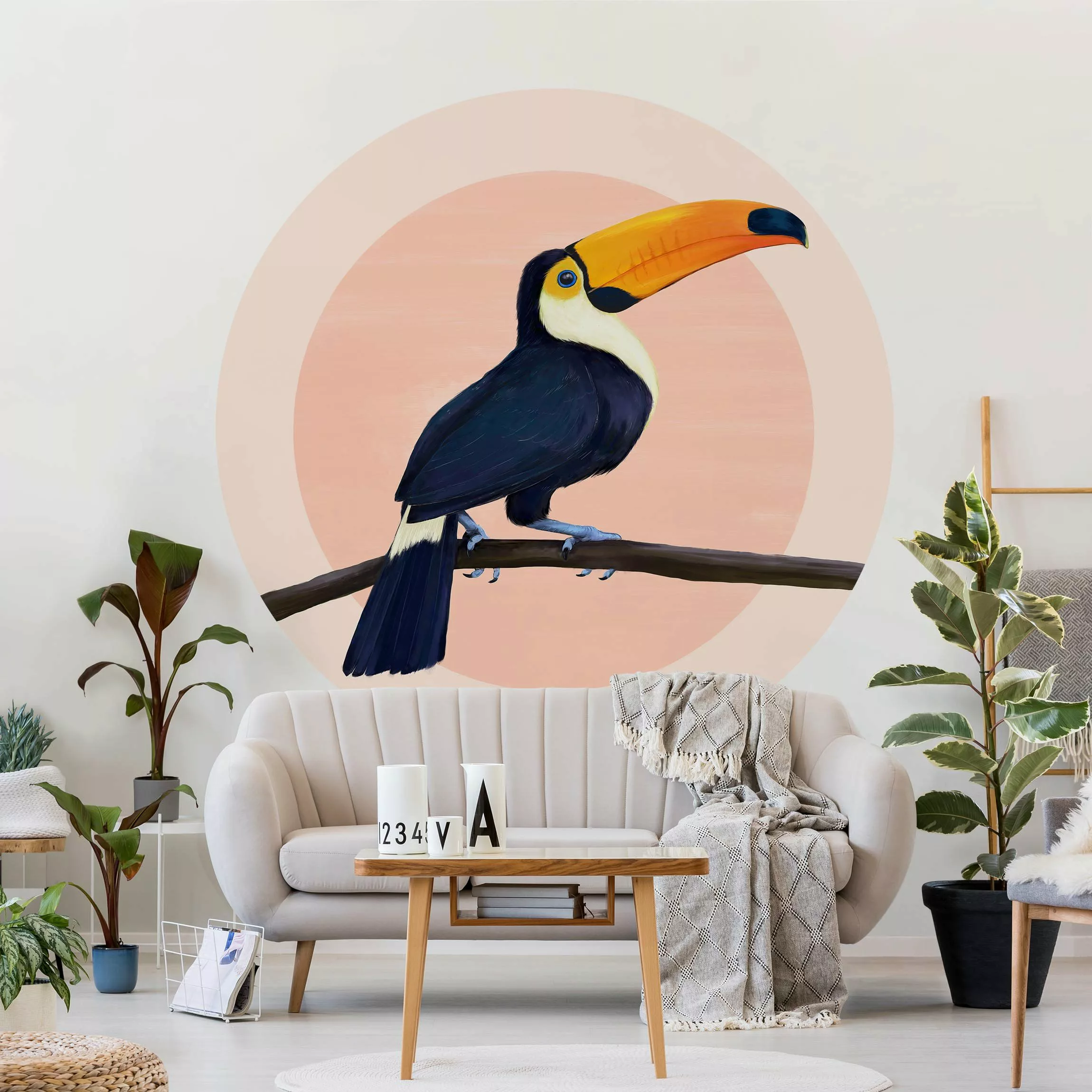 Runde Fototapete selbstklebend Illustration Vogel Tukan Malerei Pastell günstig online kaufen