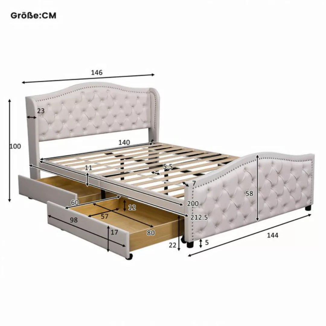 KLAM HOME Polsterbett Bett mit Lattenrost 2 Schubladen Kopfteil mit Zugpunk günstig online kaufen
