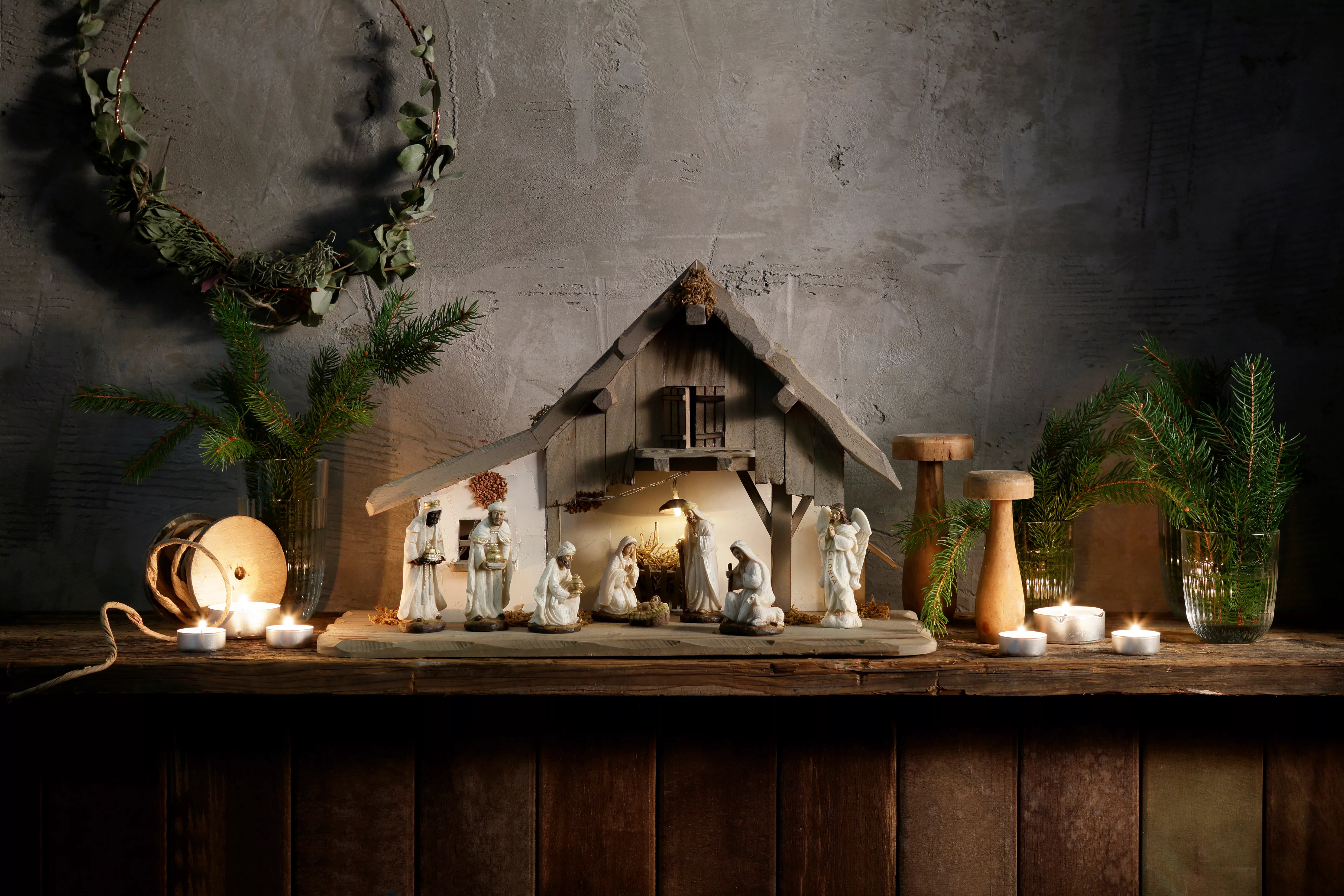 my home Krippe »Weihnachtsdeko«, (Set, 9 tlg.), aus Holz mit LED-Laterne, i günstig online kaufen