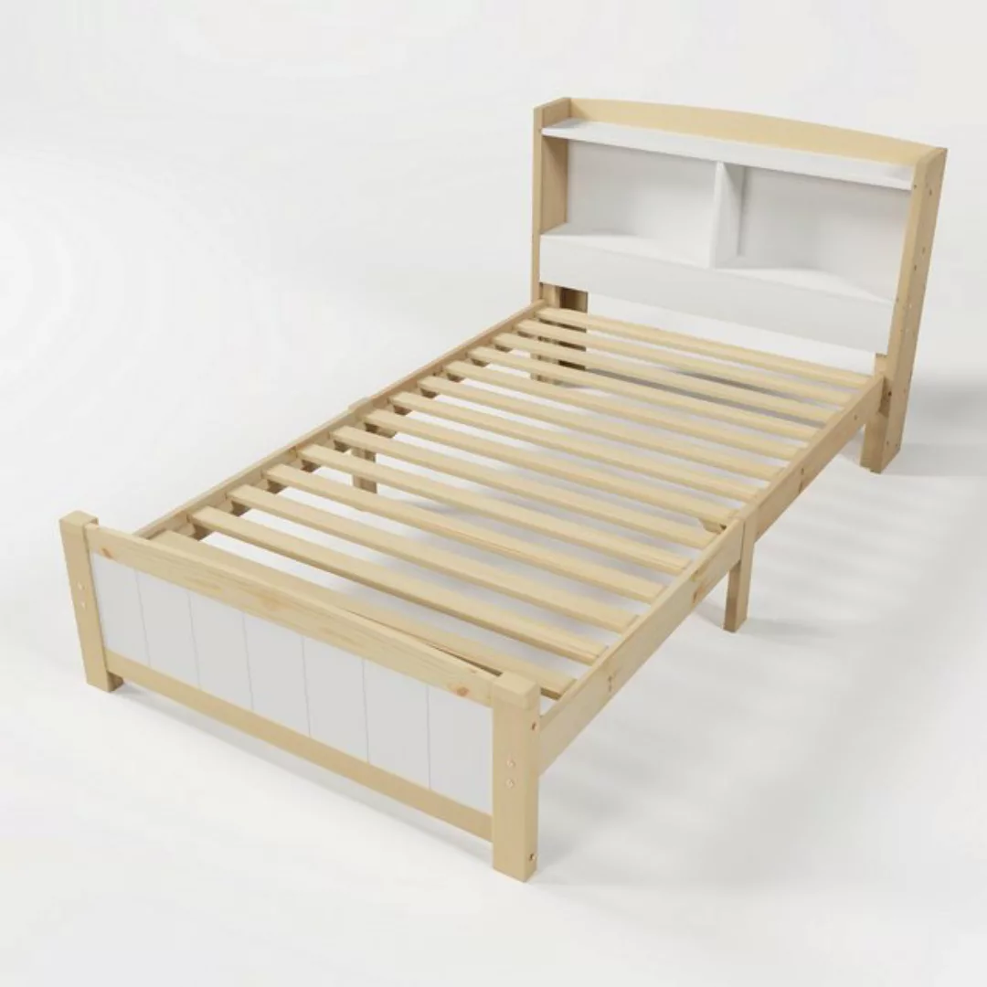 Rutaqian Bettgestell Massivholz Einzelbett Stauraum-Kopfteil Bett,90 x 200 günstig online kaufen