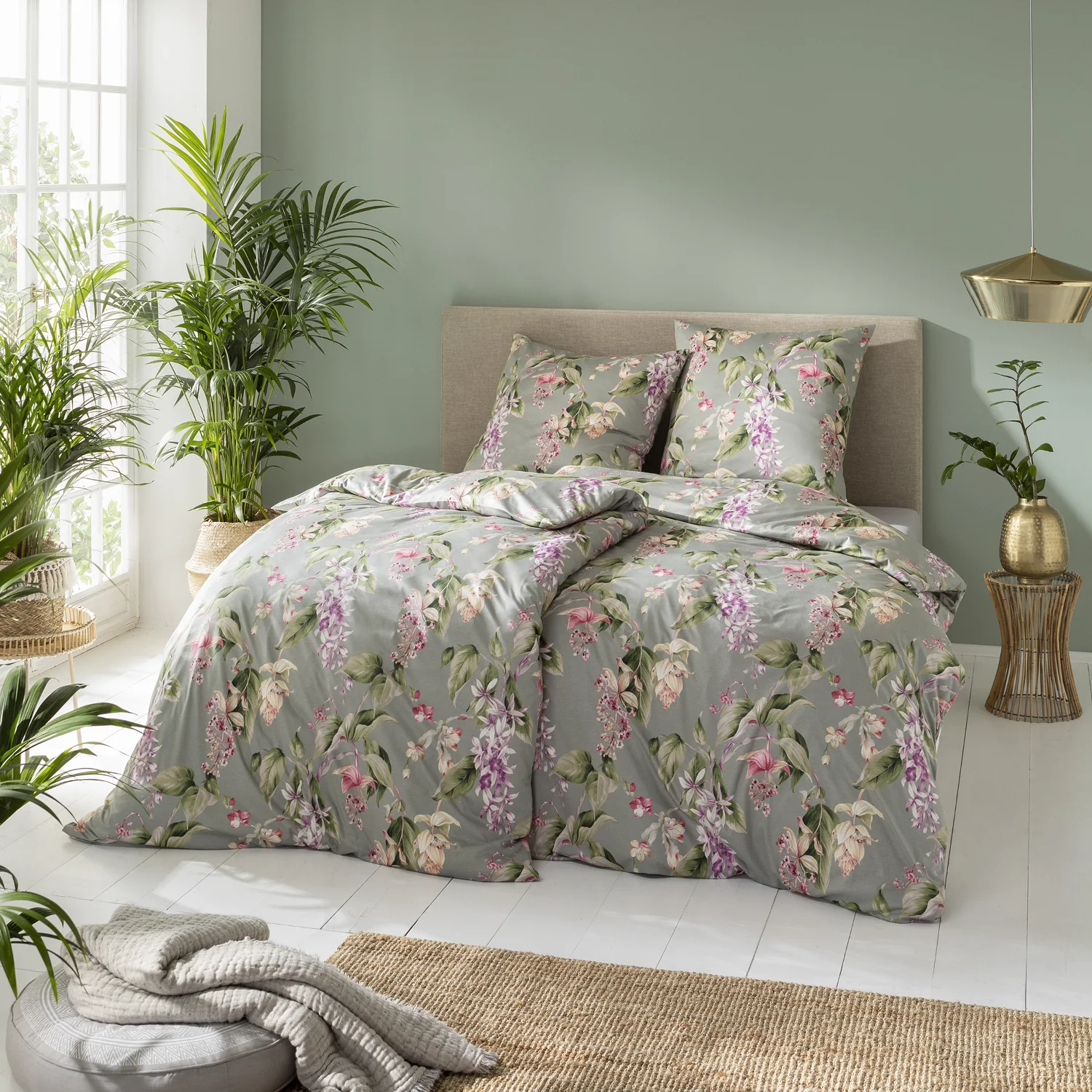 Estella Interlock Jersey Bettwäsche Kalea 6952-16 Blumen Grau 135x200 günstig online kaufen