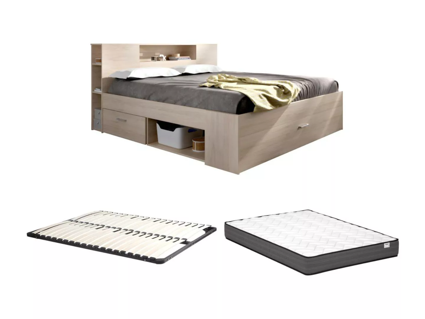 Bett mit Stauraum & Schubladen + Lattenrost + Matratze - 140 x 190 cm - Nat günstig online kaufen