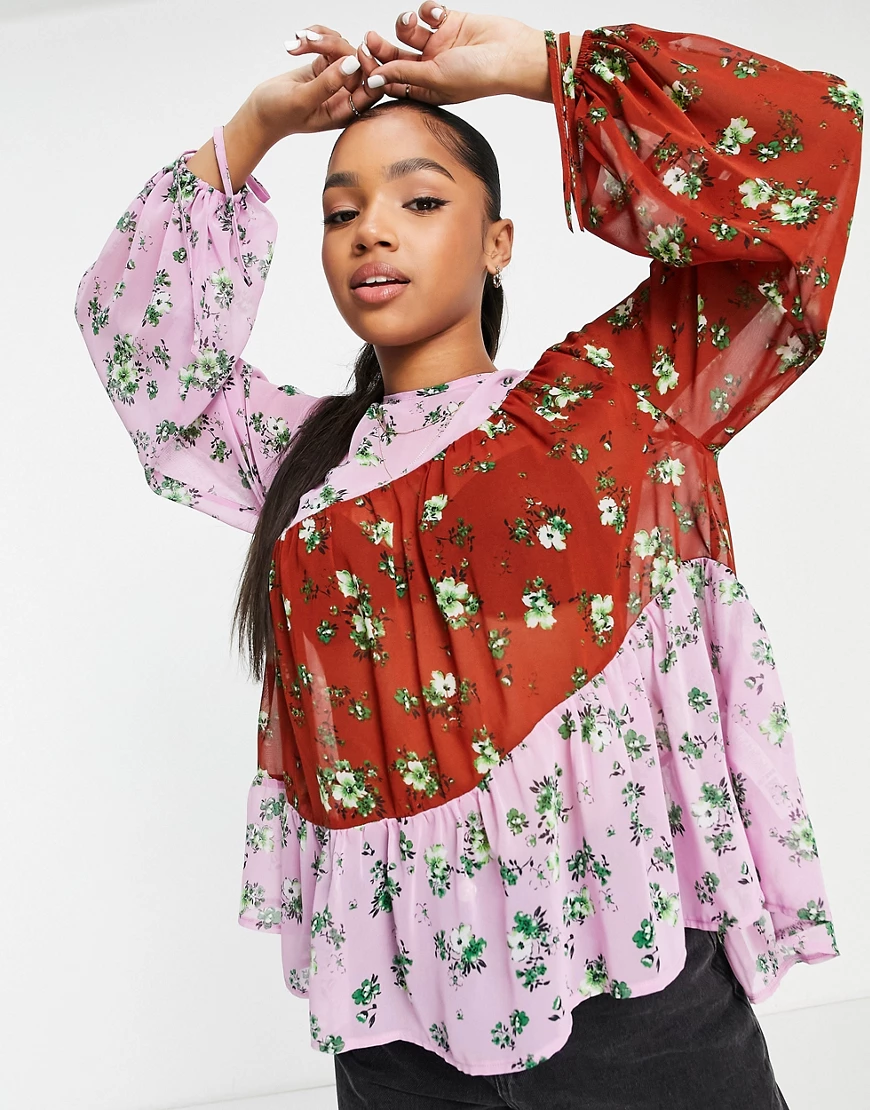 ASOS DESIGN – Mehrfarbige langärmlige Hängerbluse mit Muster und Schnürung- günstig online kaufen