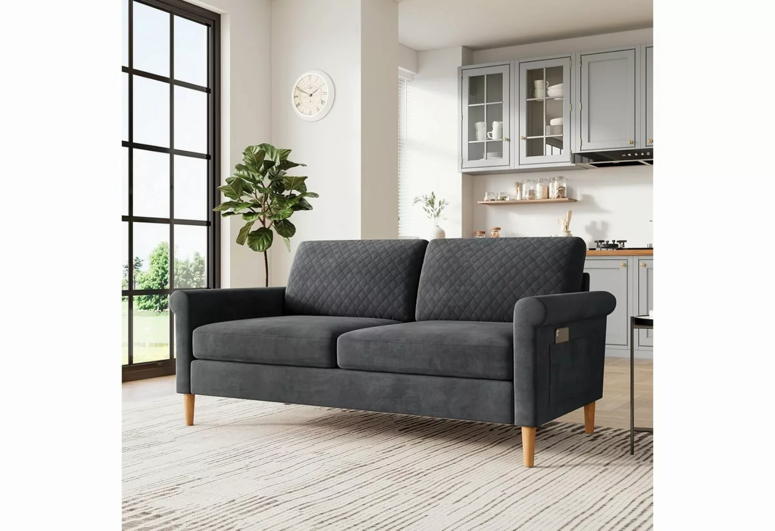 NAIMP 2-Sitzer Stoff Sofa 164cm mit beidseitigen Taschen und Kissen Montage günstig online kaufen