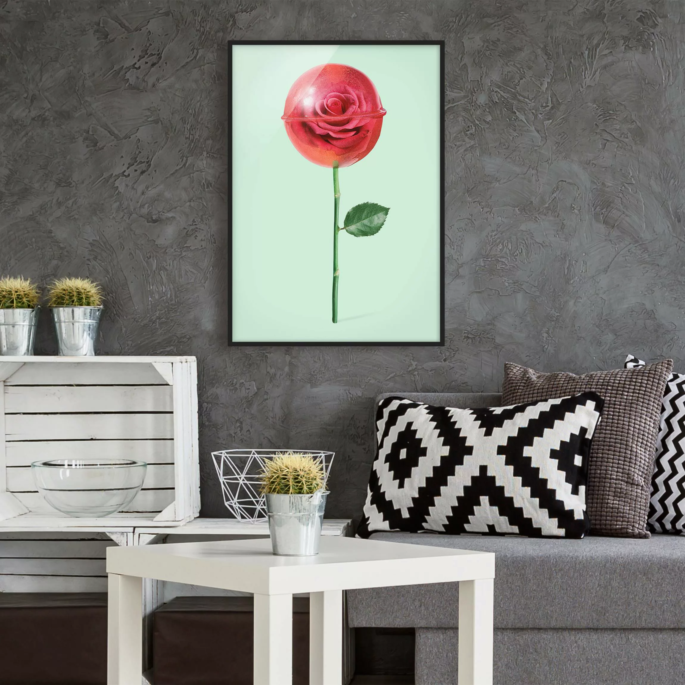 Bild mit Rahmen Blumen - Hochformat Rose mit Lollipop günstig online kaufen