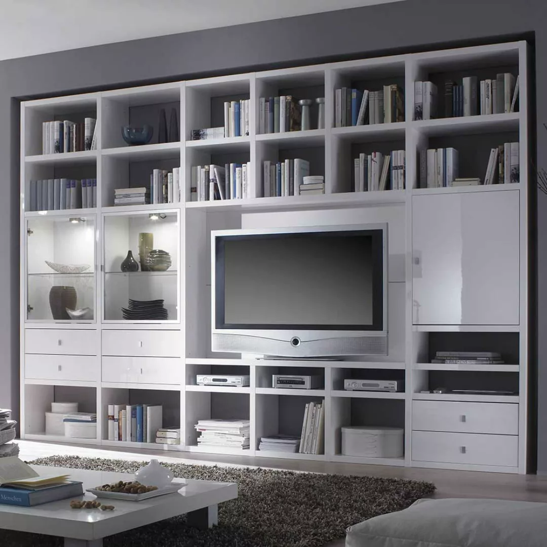 TV Wand mit LED Beleuchtung Weiß Hochglanz günstig online kaufen
