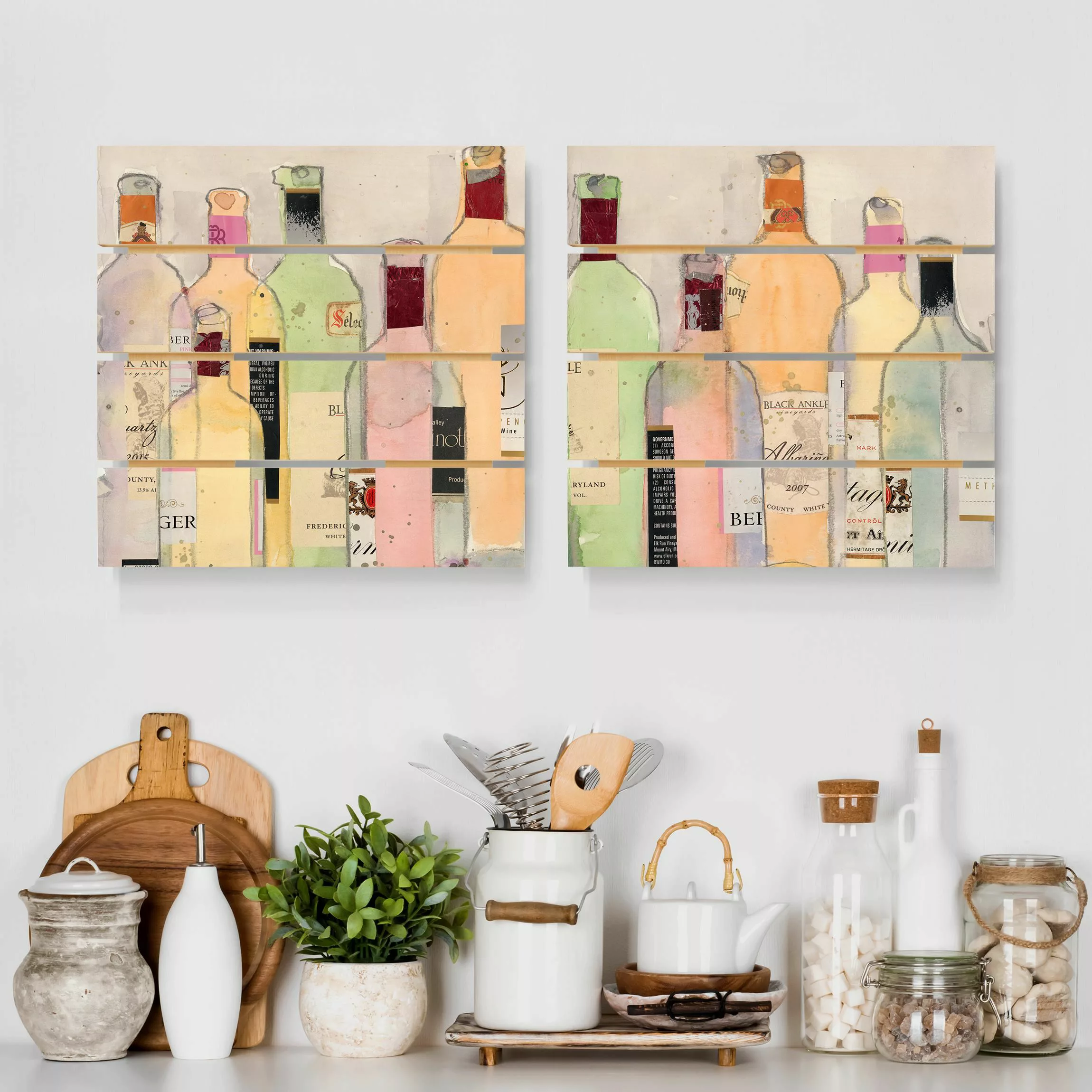 2-teiliges Holzbild Plankenoptik Küche - Quadrat Weinflaschen in Wasserfarb günstig online kaufen