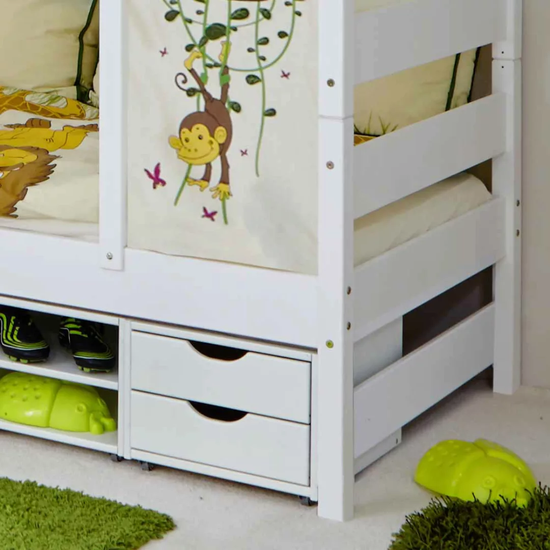 Dschungel Kinderbett in Weiß Kiefer massiv Schubladen günstig online kaufen