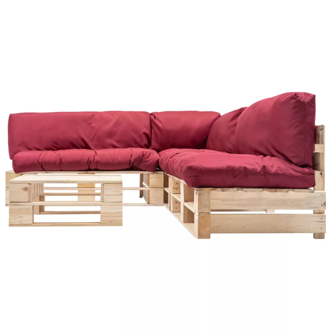4-tlg. Garten-paletten-sofagarnitur Mit Roten Kissen Holz günstig online kaufen