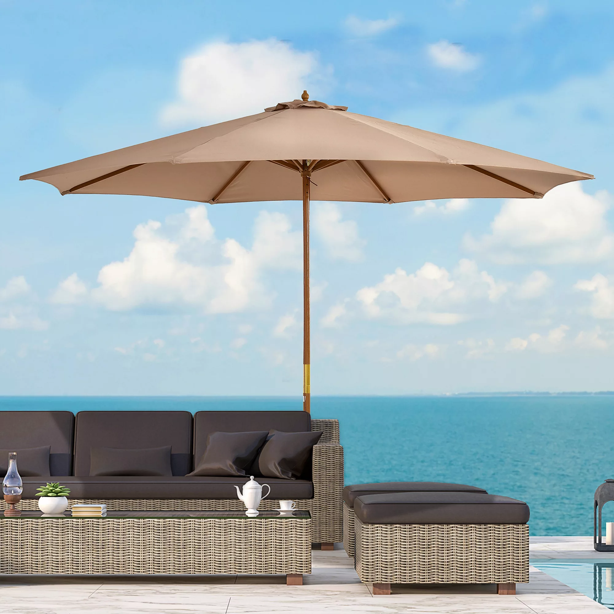 Outsunny Sonnenschirm Holz 300 cm Holzschirm Gartenschirm Balkonschirm Bamb günstig online kaufen