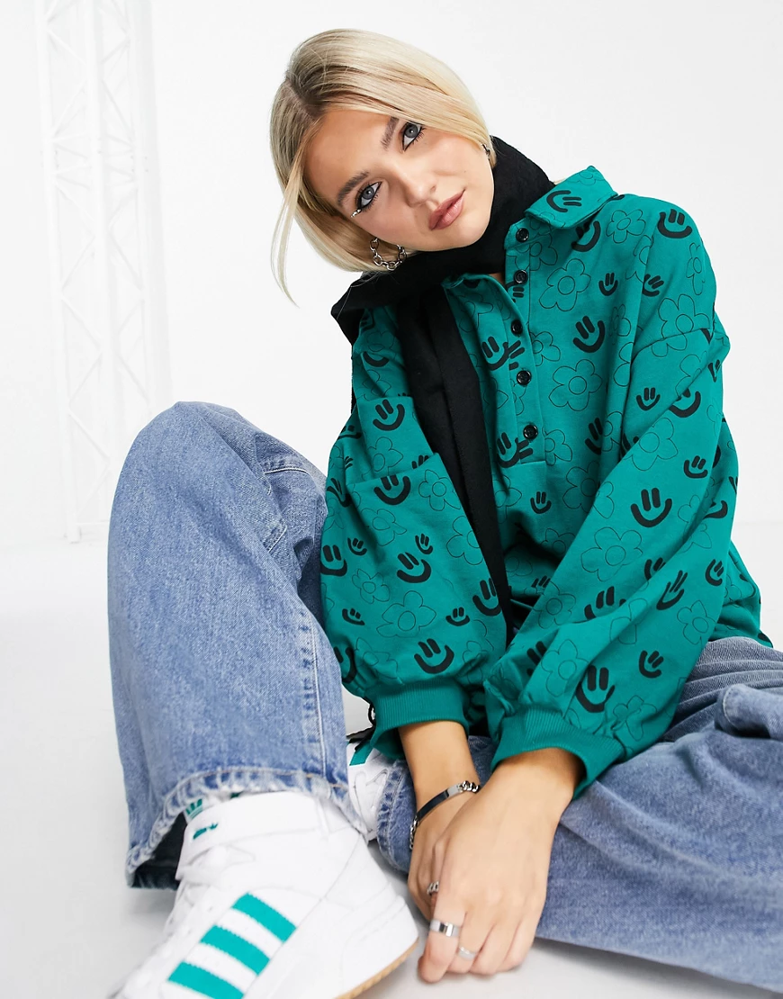 Native Youth – Oversize-Sweatshirt mit Polokragen und Illustrationsmuster-G günstig online kaufen