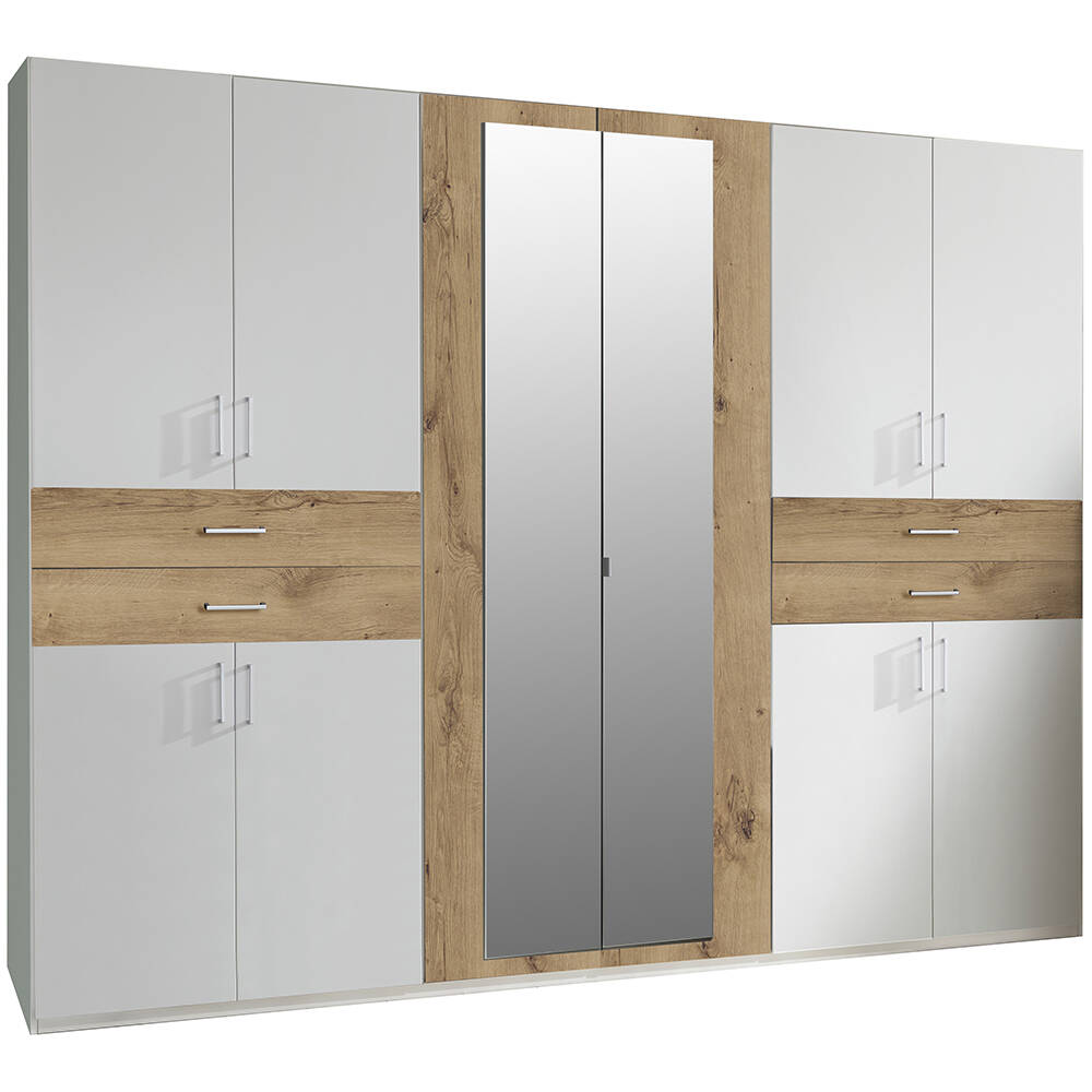 Kleiderschrank mit Spiegel, 270 cm breit modern in weiß mit Eiche TREVISO-4 günstig online kaufen