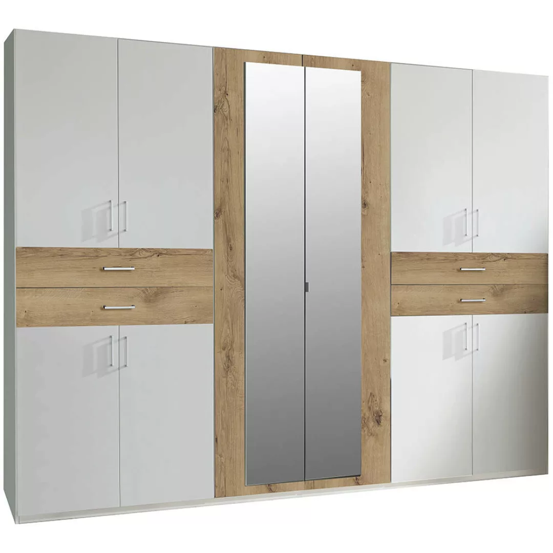 Kleiderschrank mit Spiegel, 270 cm breit modern in weiß mit Eiche TREVISO-4 günstig online kaufen