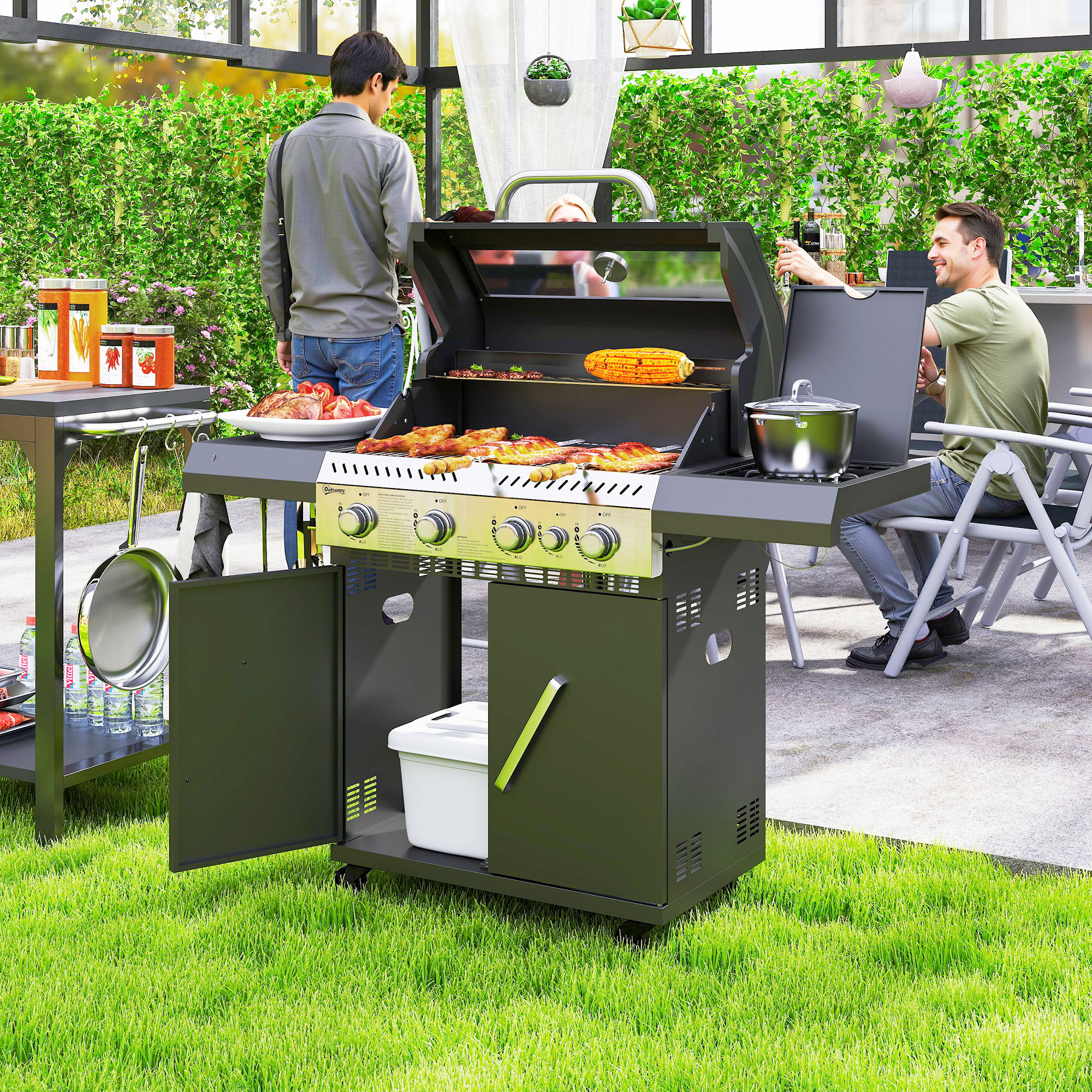 Outsunny Gasgrill 12 KW Grillwagen inkl 5 Brenner Seitenkocher Rolle Druckm günstig online kaufen
