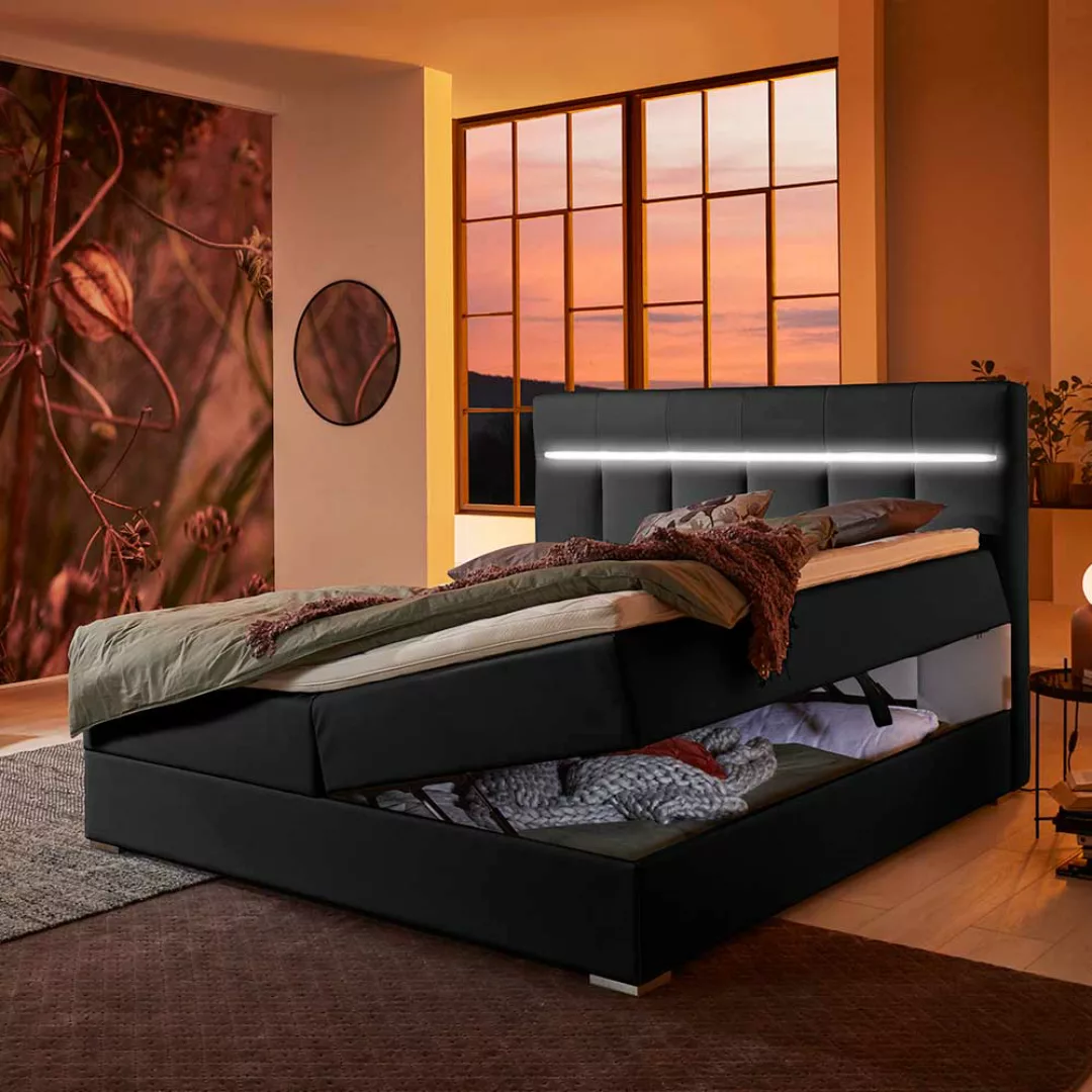 Amerikanisches Bett in Schwarz Kunstleder LED Beleuchtung und Bettkasten günstig online kaufen