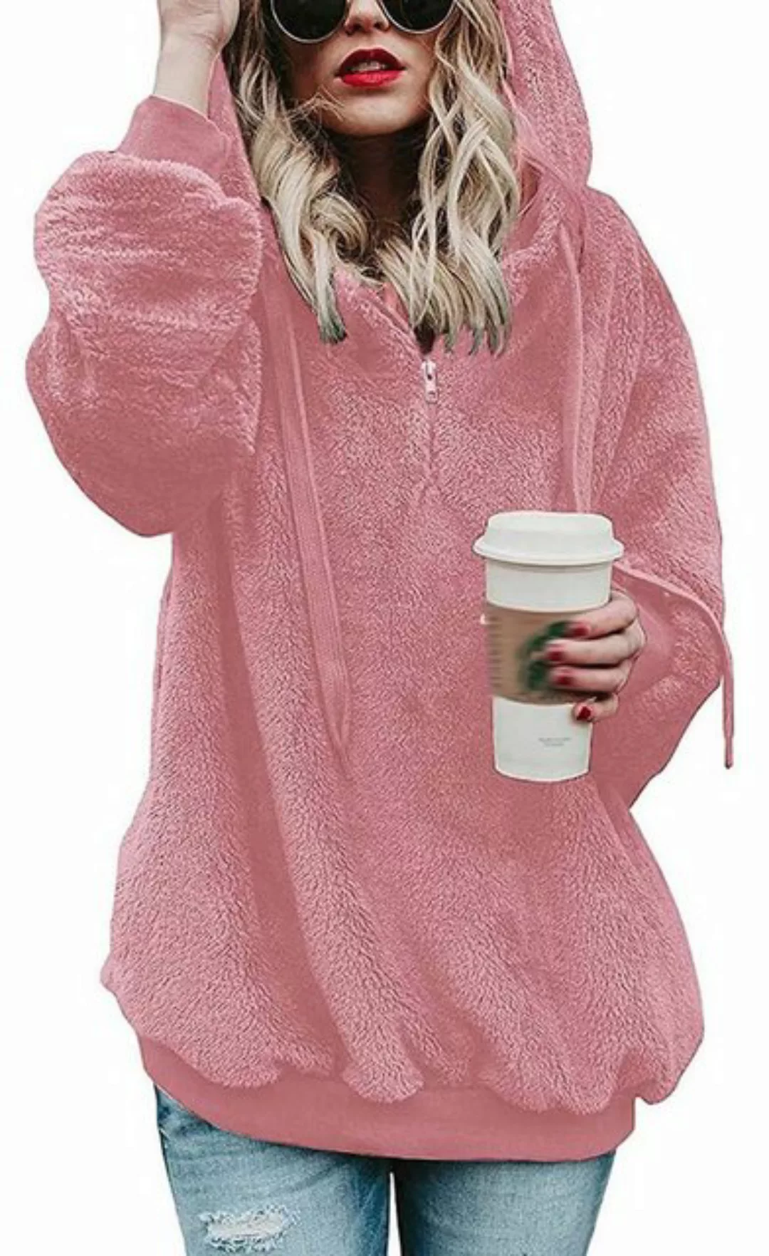 RUZU UG Strickpullover Damen Kapuzenpullover Teddy-Fleece Pullover Herbst W günstig online kaufen