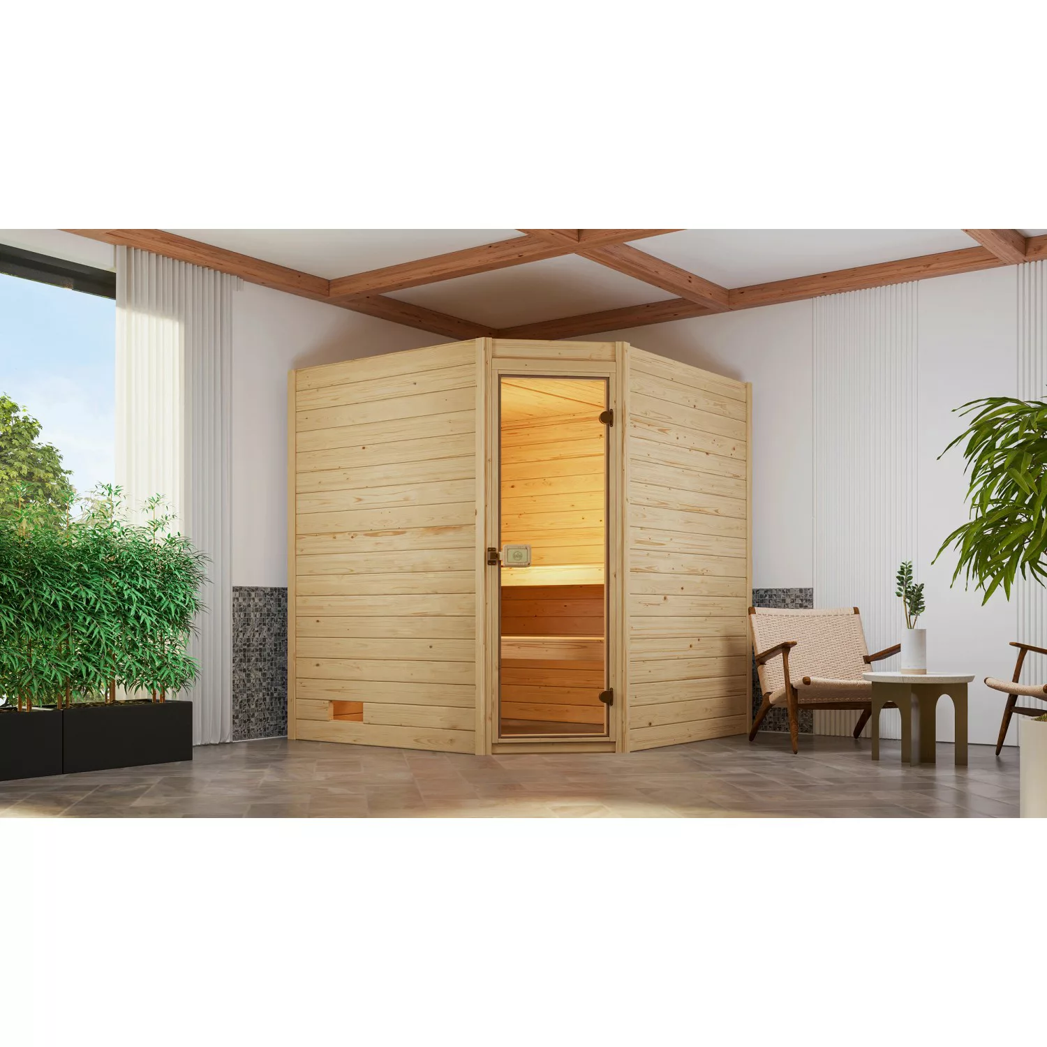 Weka Massivholzsauna Valida Eck 2 Sparset 7,5 kW OS Glastür günstig online kaufen