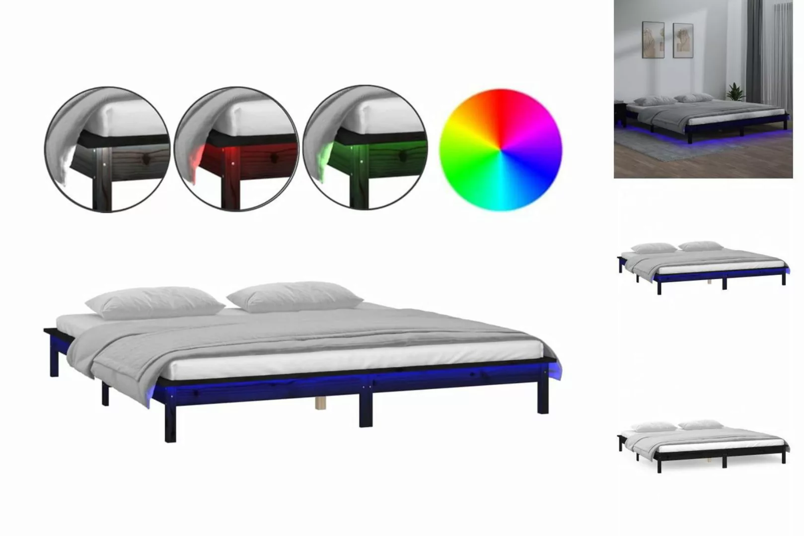 vidaXL Bettgestell Massivholzbett mit LEDs Schwarz 200x200 cm Bett Bettrahm günstig online kaufen