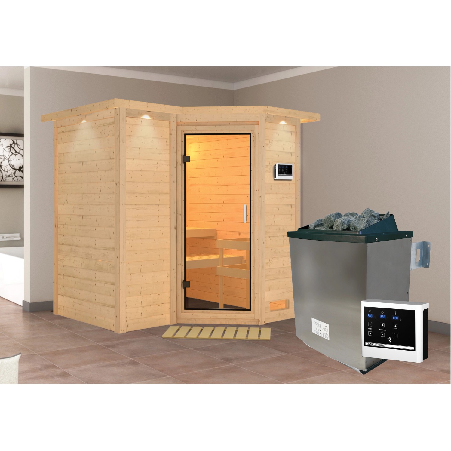 Woodfeeling Sauna Steena 1, Ofen, externe Steuerung Easy, Glastür, LED-Dach günstig online kaufen