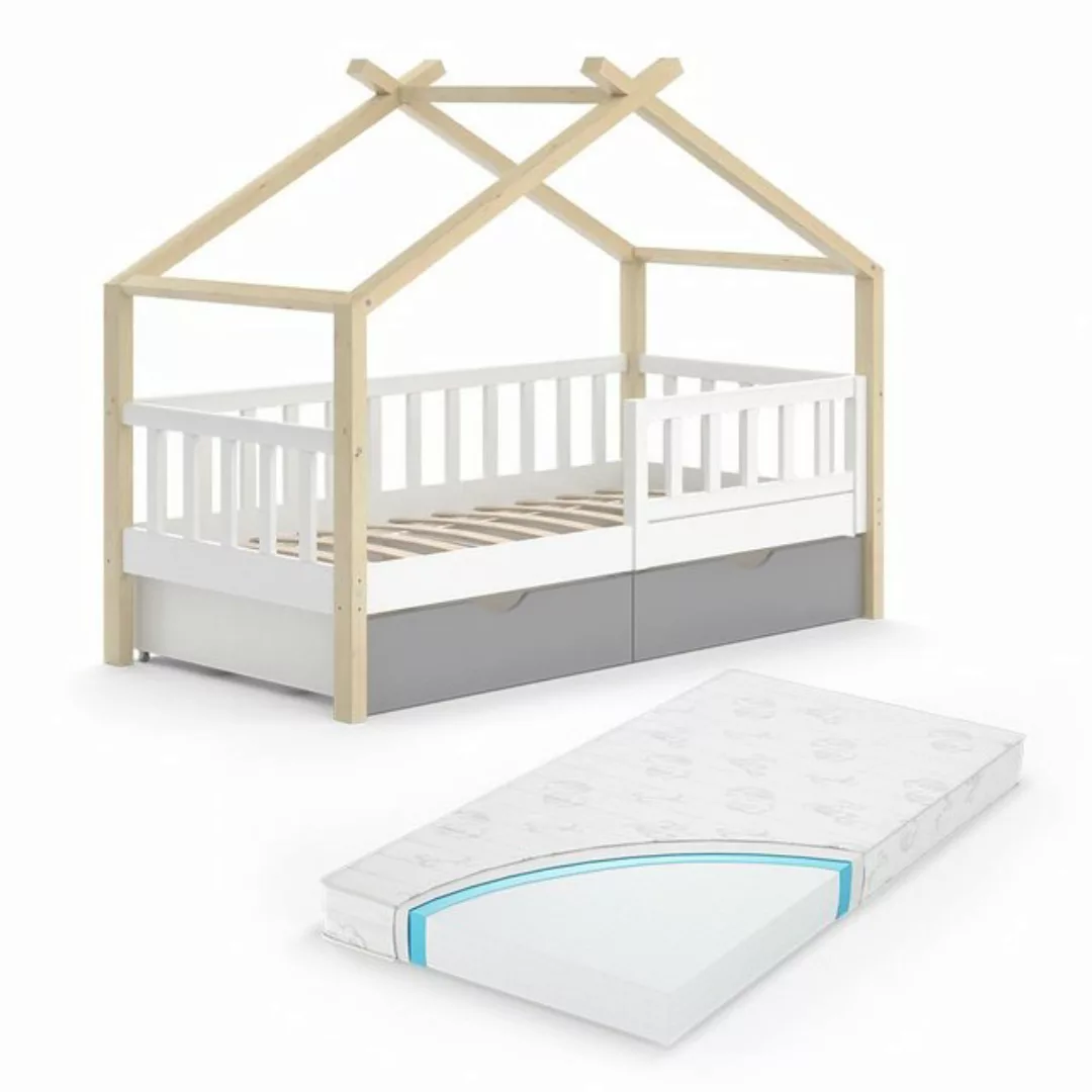 Vicco Kinderbett Hausbett Einzelbett 80x160cm DESIGN Natur Weiß Matratze günstig online kaufen